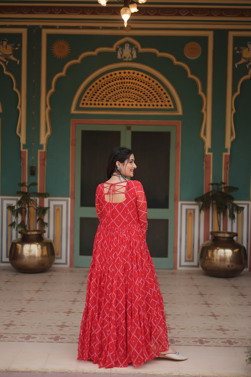ClothsVilla Red Bandhani Print Faux Georgette Gown with Kutchi Patchwork