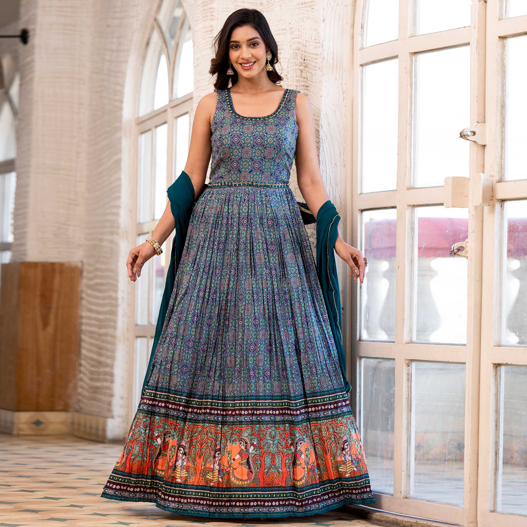 Peachmode Seller Morpich Blue Printed Dola Silk Anarkali Style Gown With Mirror Work - view 2