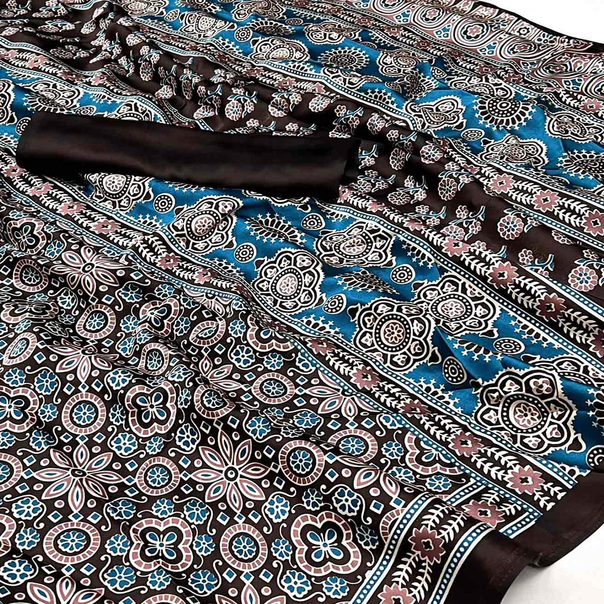 Peachmode Brown Ajrakh Printed Satin Saree – Women's - view 2