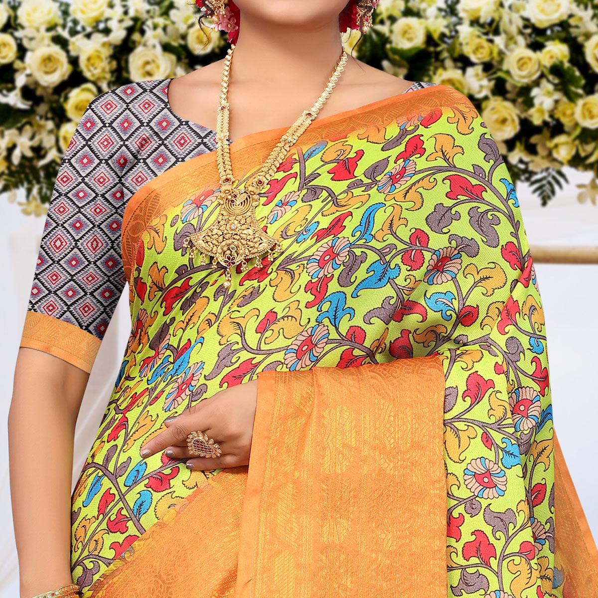 Peachmode Lemon Green Digital Printed Khaadi Saree - view 2