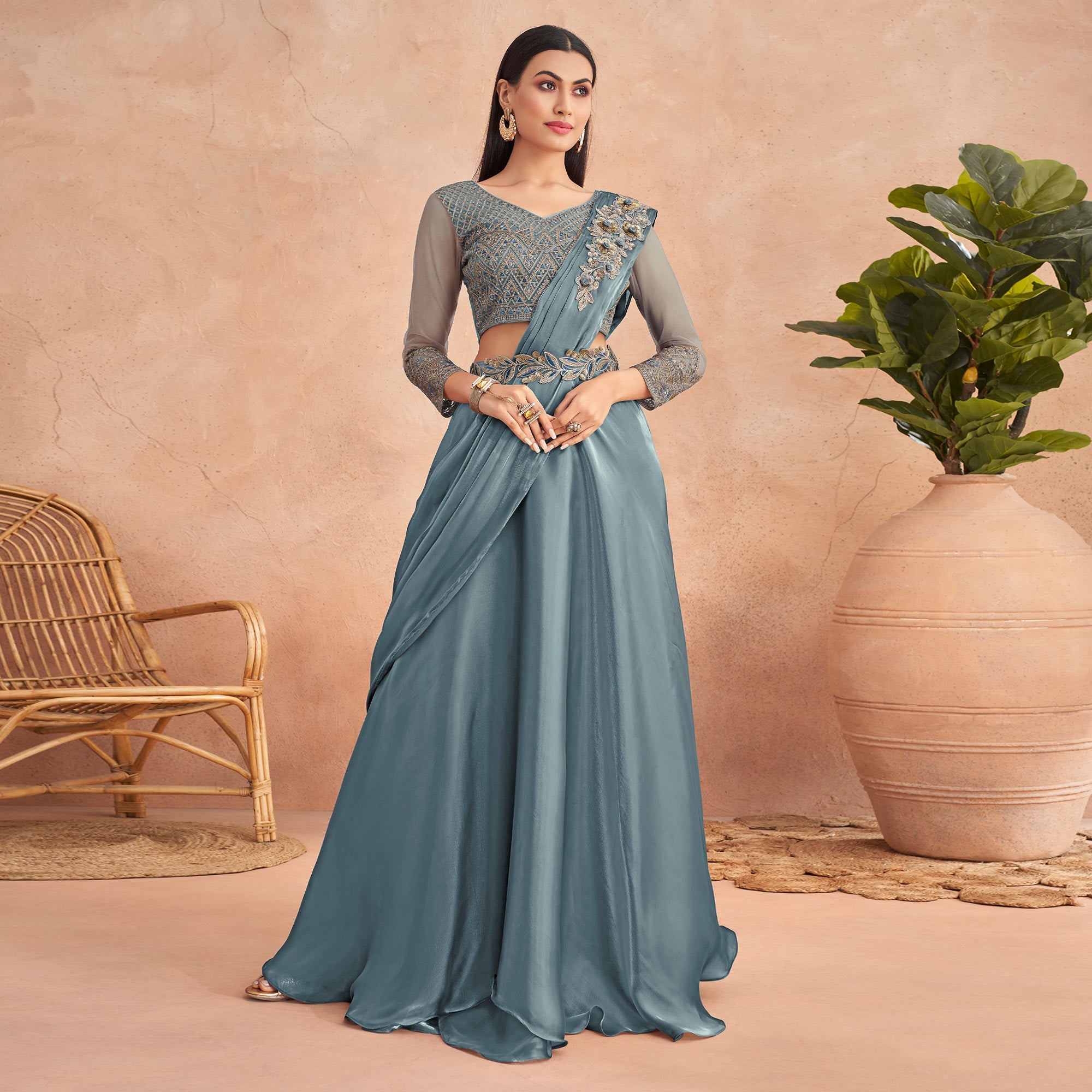 Peachmode Seller Grey Sequins Embroidered Ready to Wear Art Silk Saree - view 2