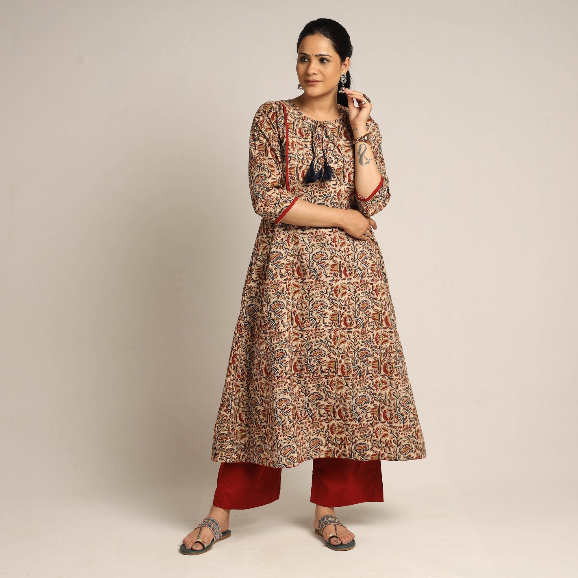 ITOKRI CASUALS Beige - Pedana Kalamkari Block Printed Cotton Kurta with Palazzo Set