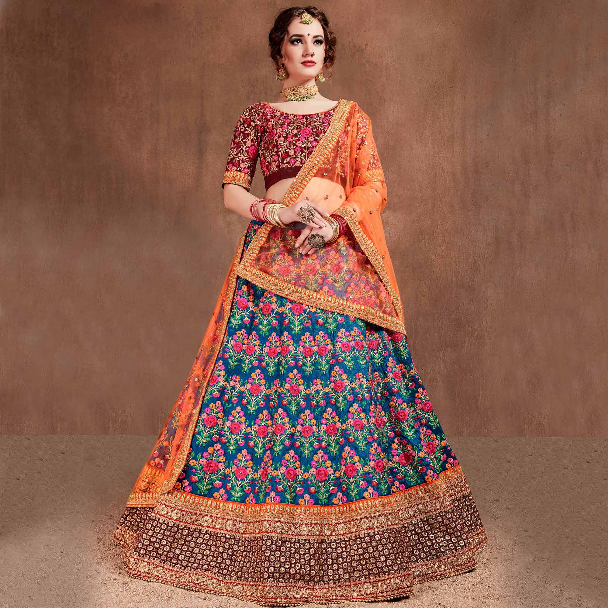 Peachmode Flamboyant Blue-Red Colored Partywear Embroidered Mulberry Silk Lehenga Choli