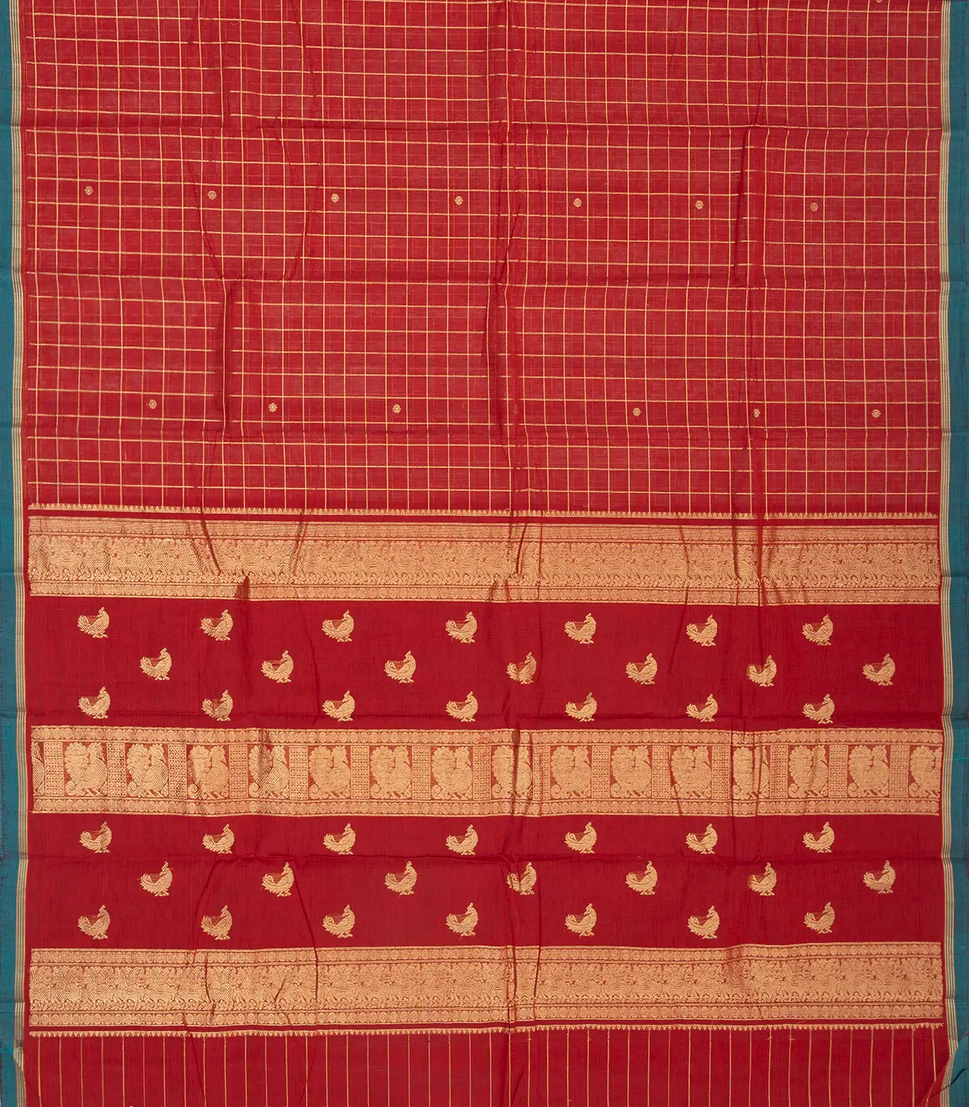 RmKV Red Handloom Kanchi Cotton Saree With Zari Checks - view 2