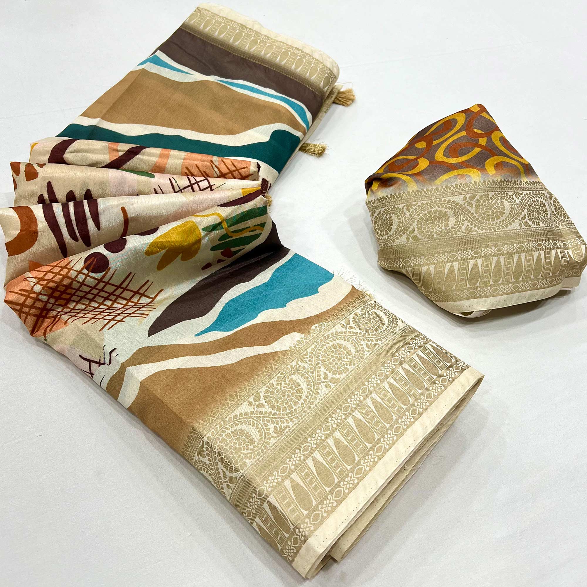 Peachmode Chikoo Digital Printed Dola Silk Saree With Woven Border
