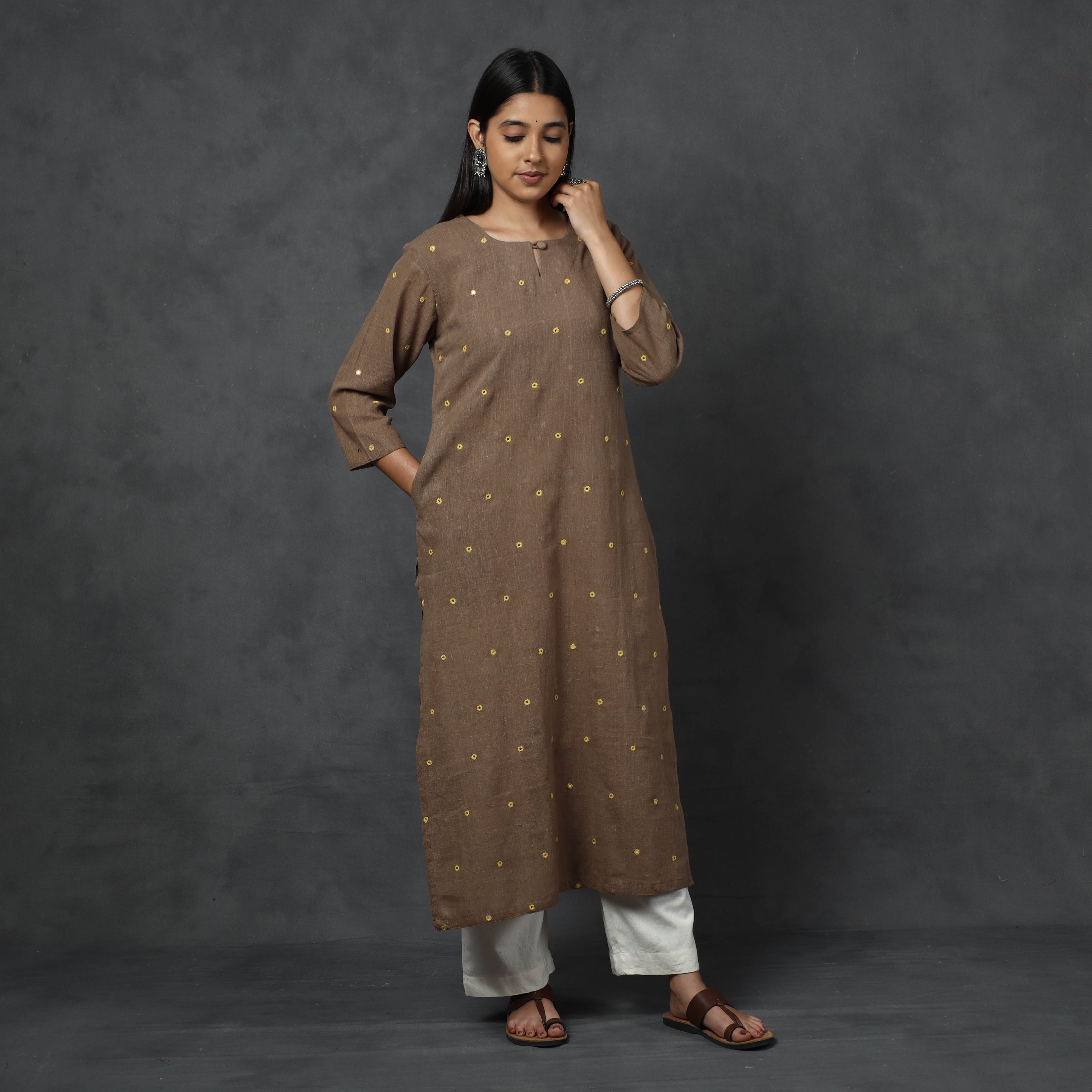ITOKRI CASUALS Brown - Organic Kala Cotton Handloom Mirror Work Long Kurta - view 2