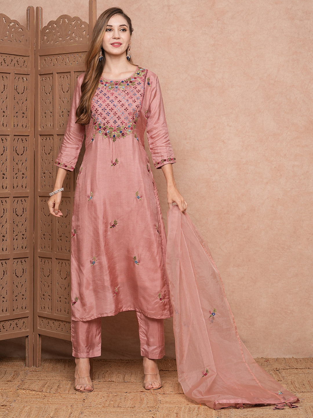 Fashor Solid Floral Hand Embroidered Straight Kurta with Pant & Dupatta - Pink