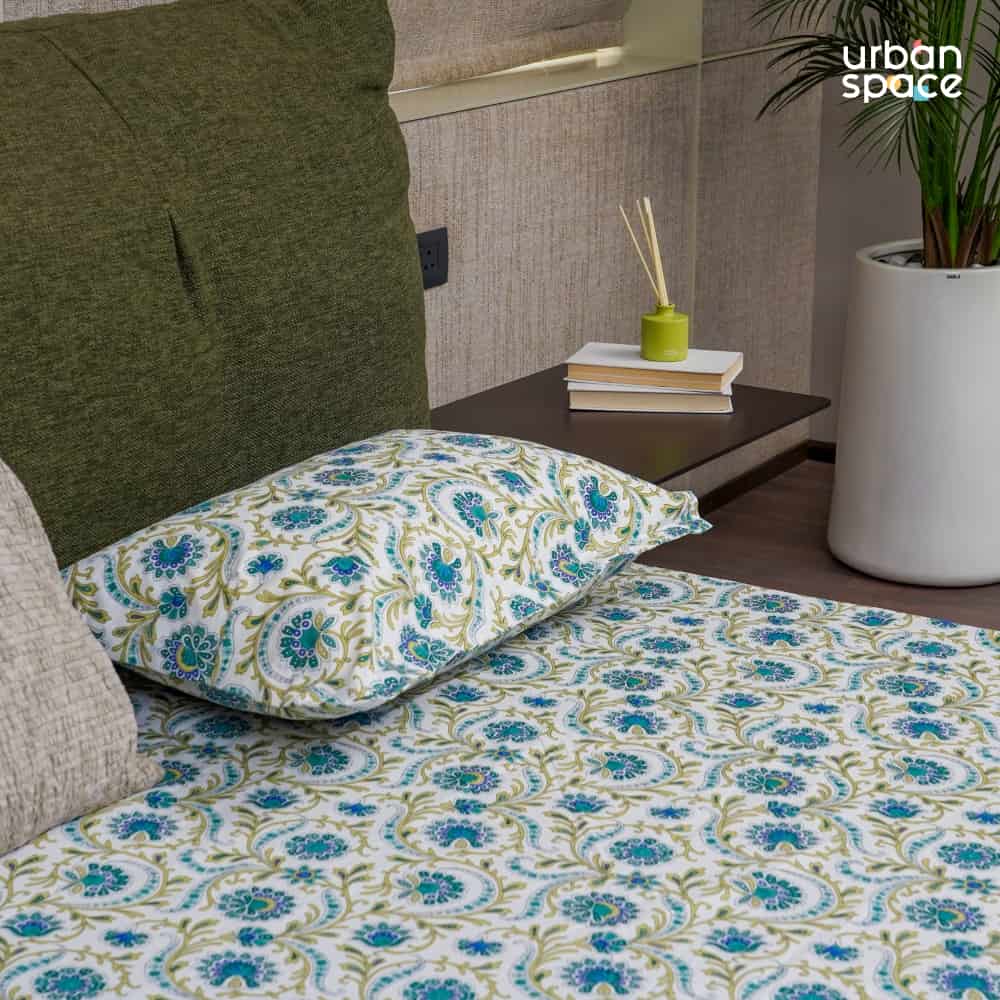 Urban Space -Home Furnishing Store Serene Collection - Breathable 200 TC 100% Pure Cotton Single Bedsheet with Pillow Cover, Guldaudi Floral- Blue - view 2