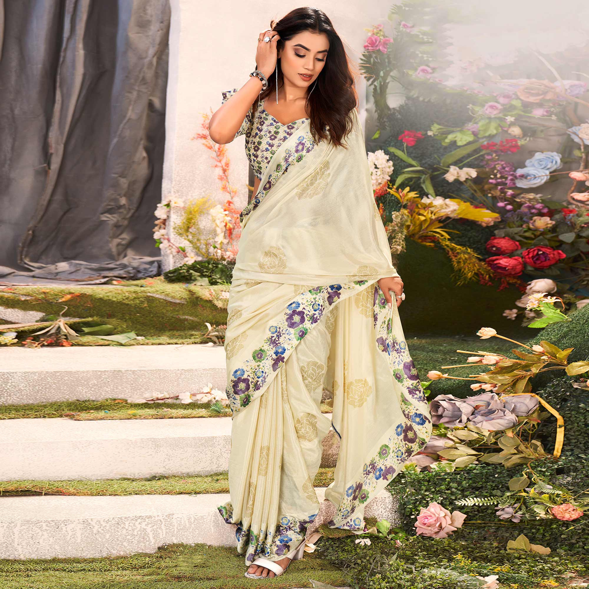 Peachmode Cream Floral Foil Printed Chiffon Saree With Tassels