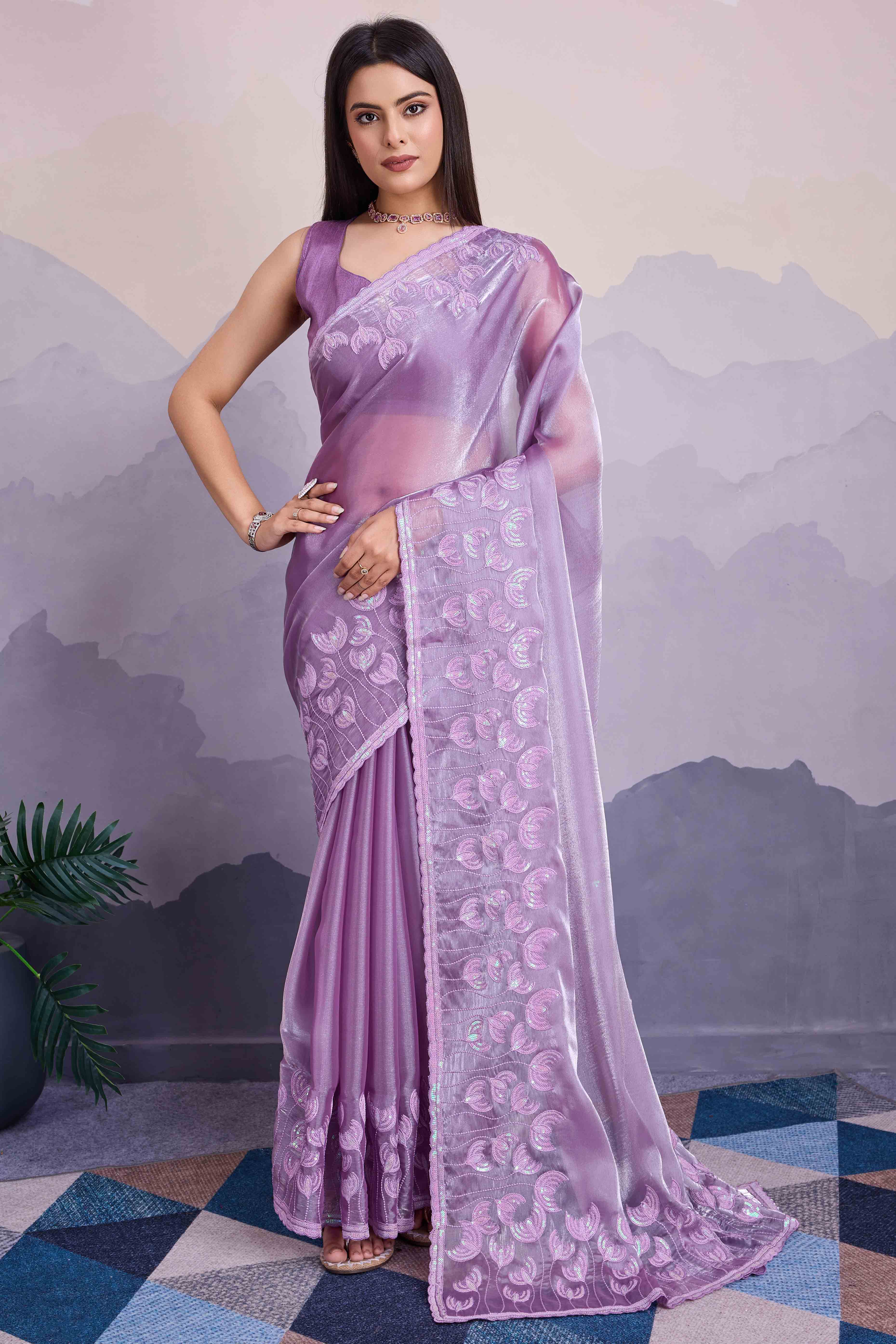 Peachmode Lavender Floral Sequins Embroidered Jimmi Choo Zoya Silk Saree