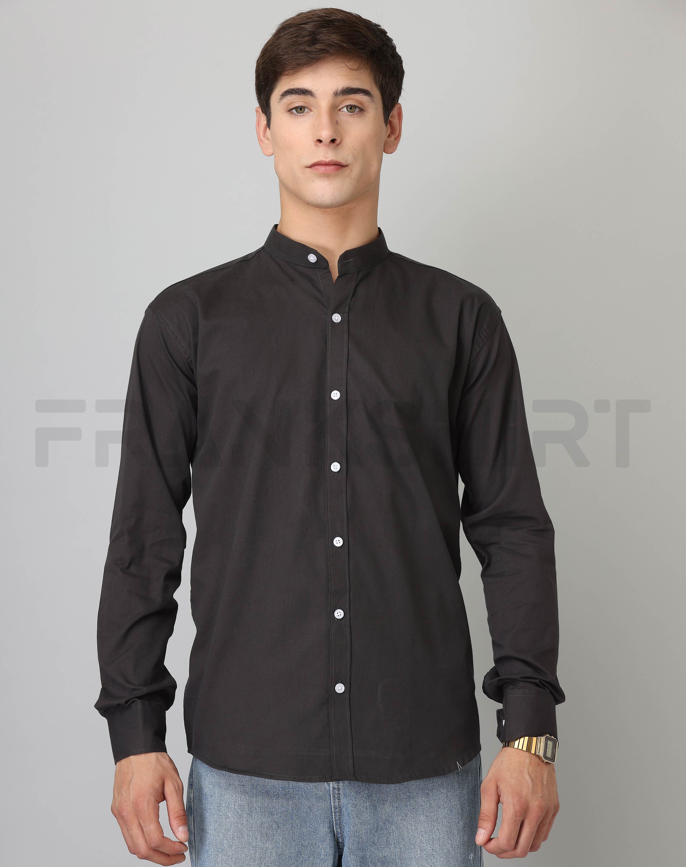 BlackTree Frankshirt Chinese Collar Black Solid Tailored Fit Cotton Casual Shirt for Man - view 3