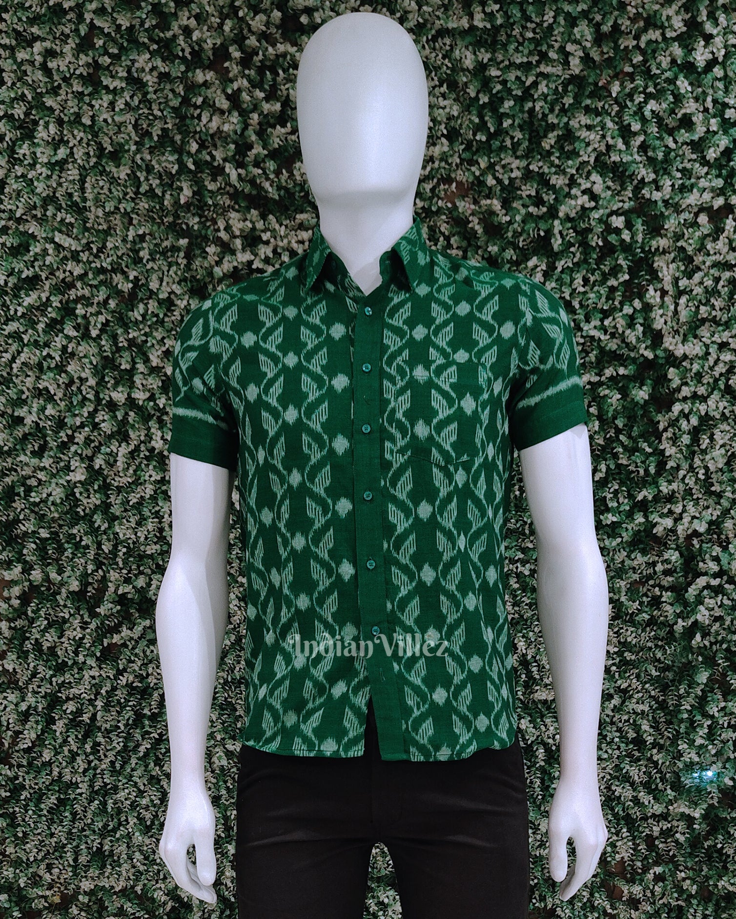 IndianVillèz Green Odisha Ikat Cotton Half Sleeve Shirt for Men