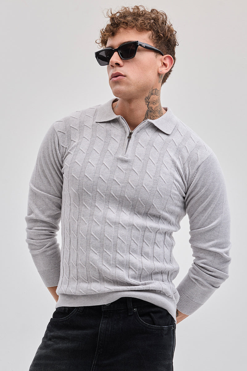 SNITCH Light Grey Zipper Knitted Polo T-Shirt