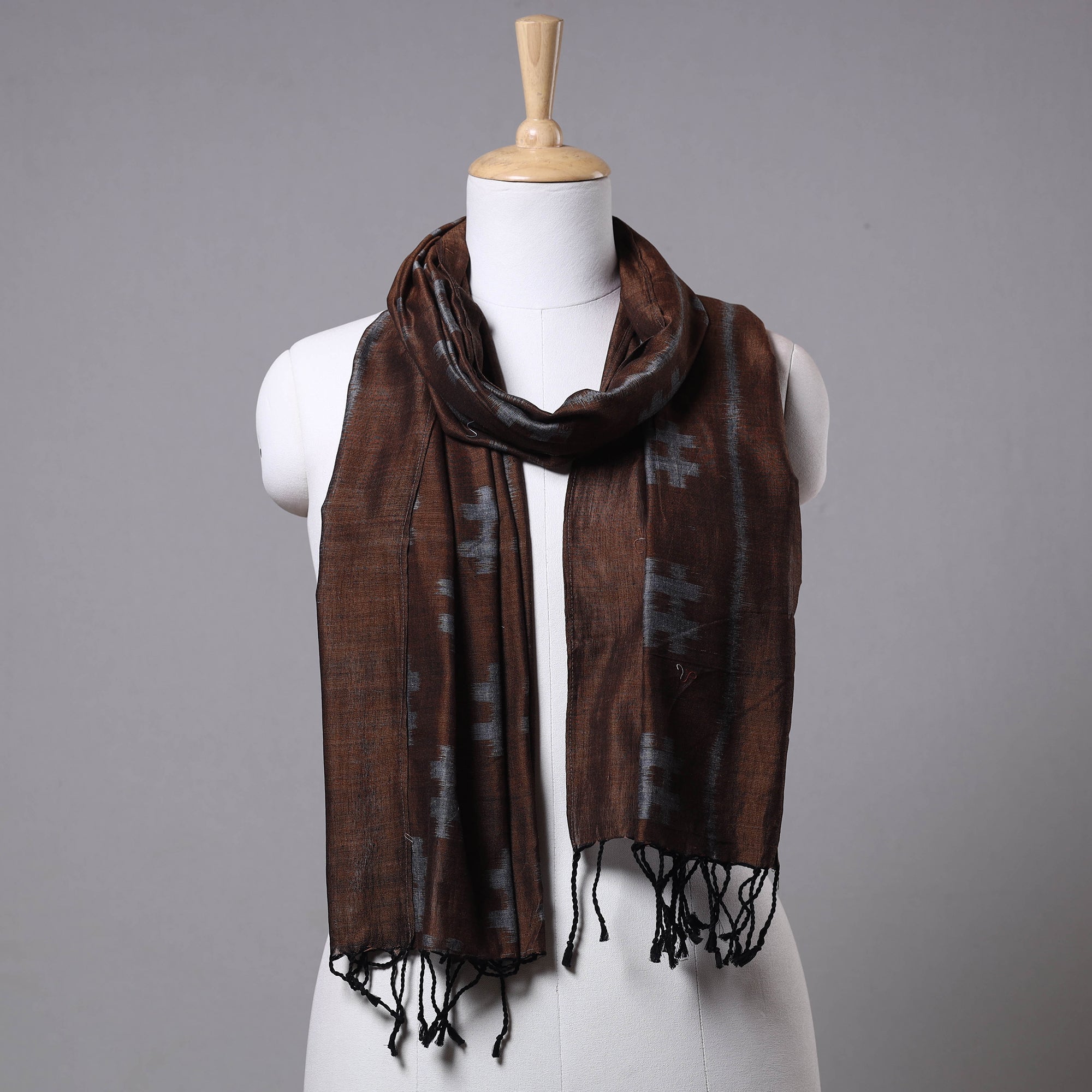 ASHOKA ASSEMBLE - CELEBRATING CRAFTS OF ODISHA Brown - Maniabandha Ikat Weave Handloom Cotton Stole with Tassels