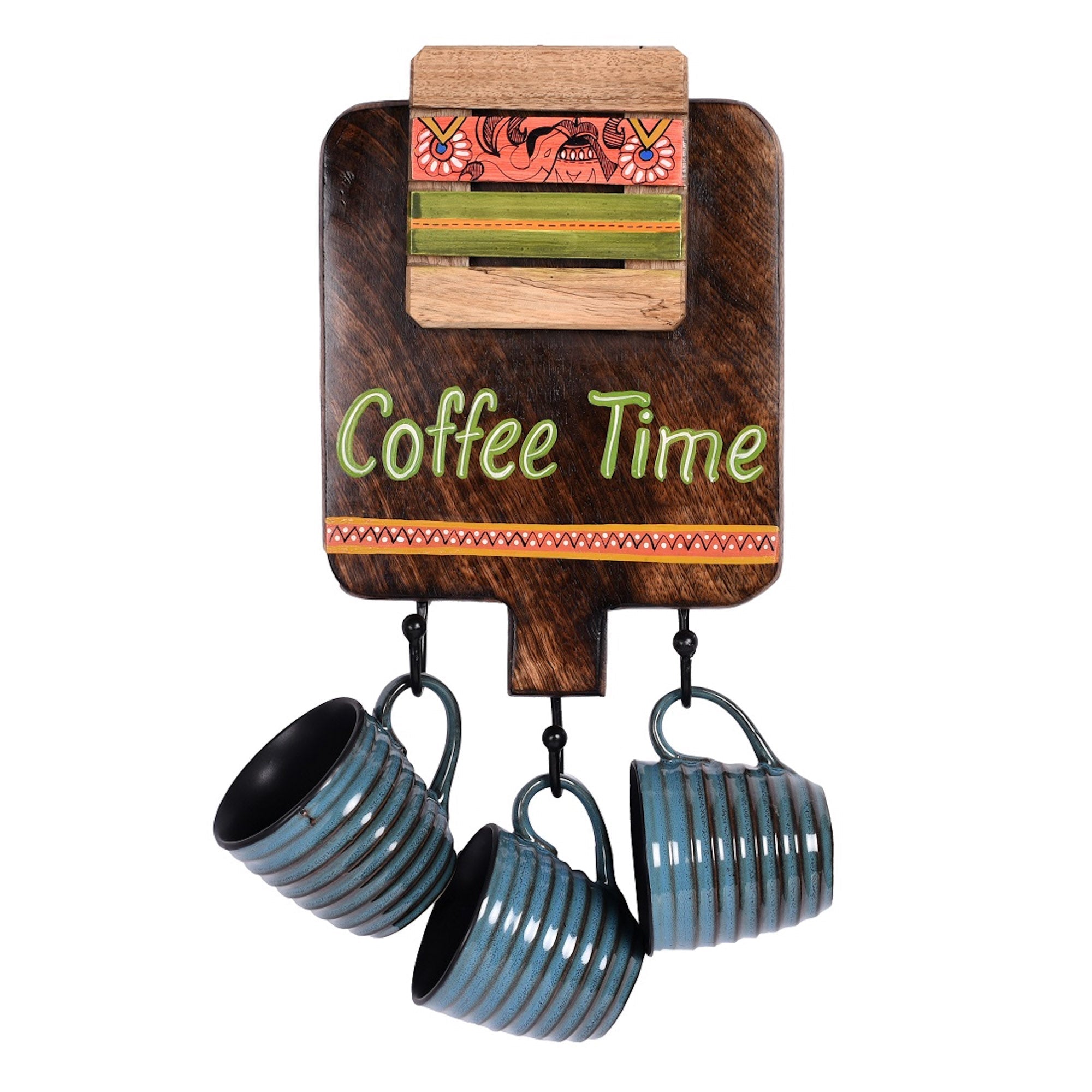 ART CREATIONS BY SUMAN SONTHALIA Brown - Cup Holder Handcrafted Wall Mounted & 3 Mugs (Set of 4) (7x1.5x11) - view 2