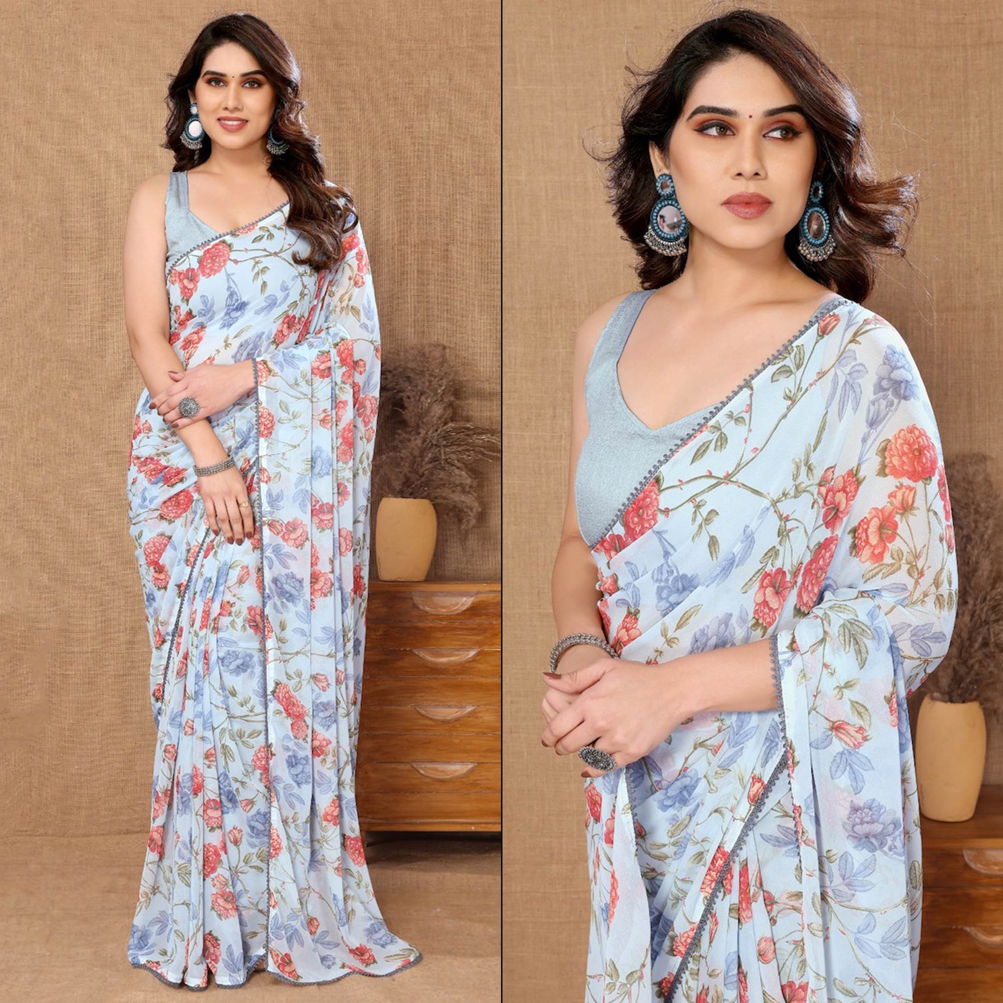 Peachmode Seller Light Blue Floral Printed Ready To Wear Georgette Saree