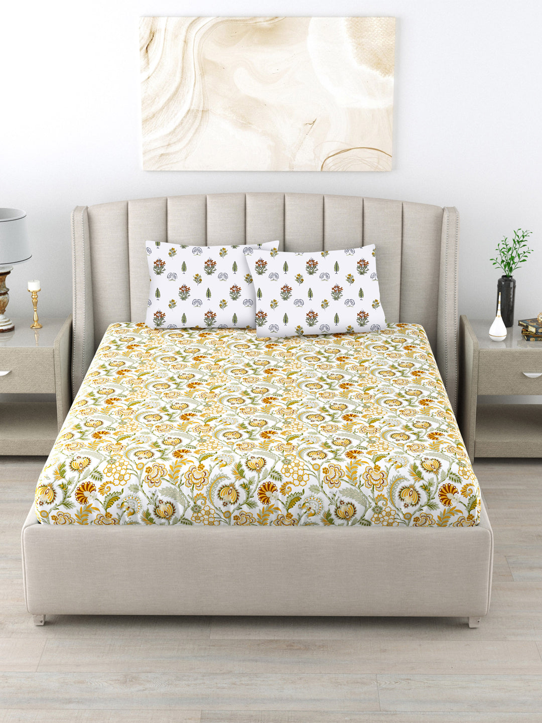 Urban Space -Home Furnishing Store 220 TC 100% Cotton Single Printed Bedsheet with Pillow Covers - Creeper Mustard