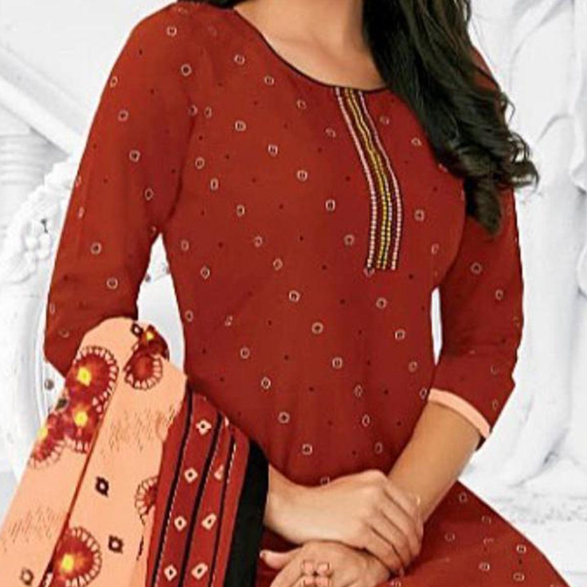 Peachmode Seller Impressive Red Colored Casual Wear Printed Cotton Stitched Patiala Suit - view 2