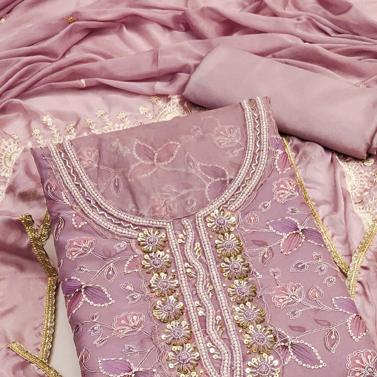 Peachmode Mauve Floral Hand Embroidered Organza Dress Material - view 2