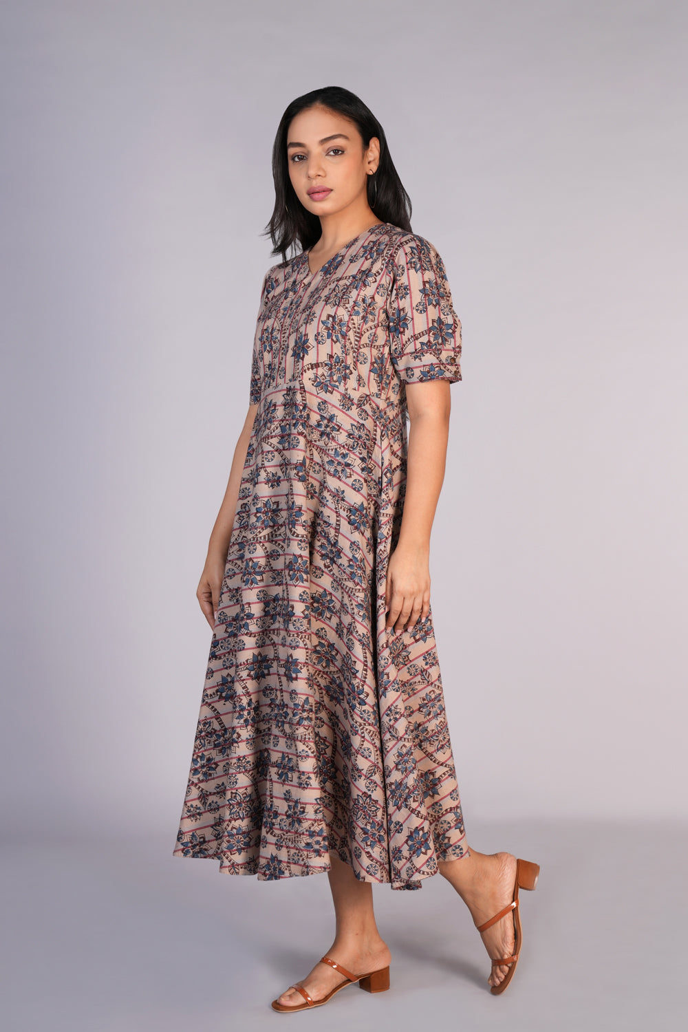 Kalanjali Ethnics Kalamkari handblock printed striped dress - view 2