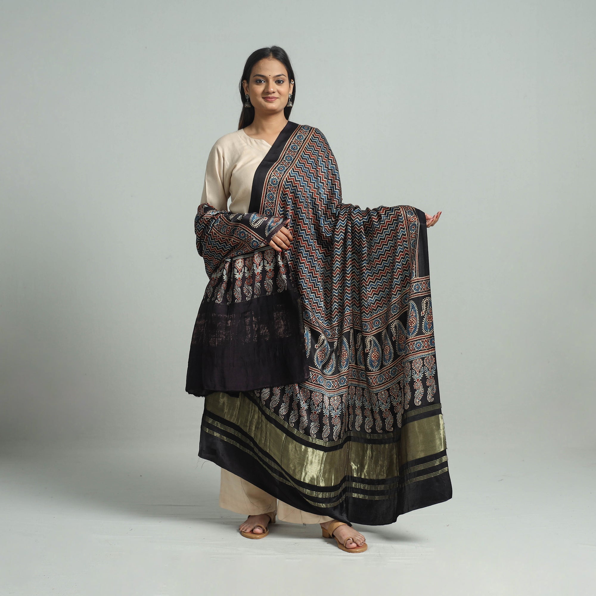 KACHCHH JI CHHAAP Black - Modal Silk Block Print Ajrakh Dupatta 75