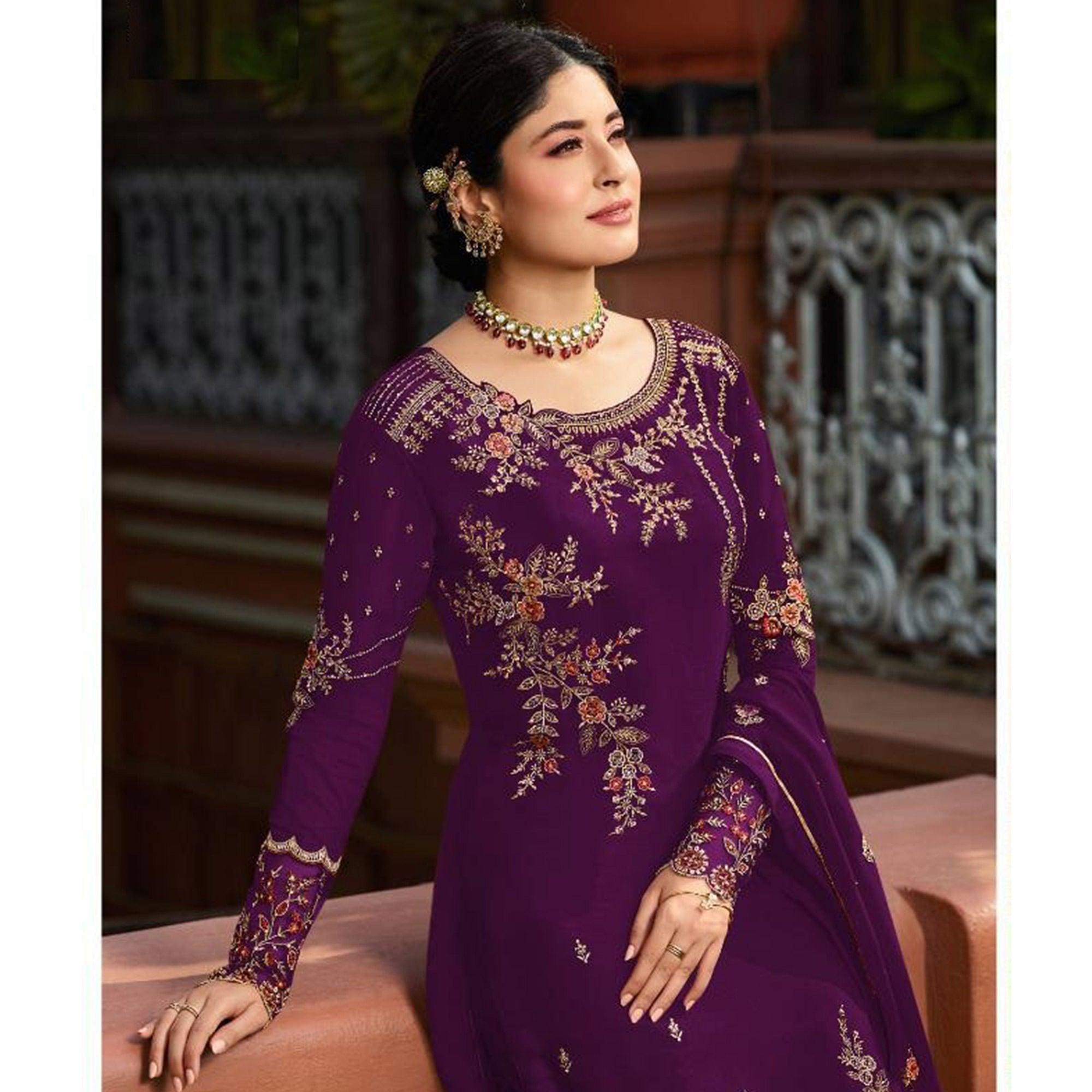 Peachmode Hypnotic Purple Colored Partywear Embroidered Gerorgette Straight Suit - view 2