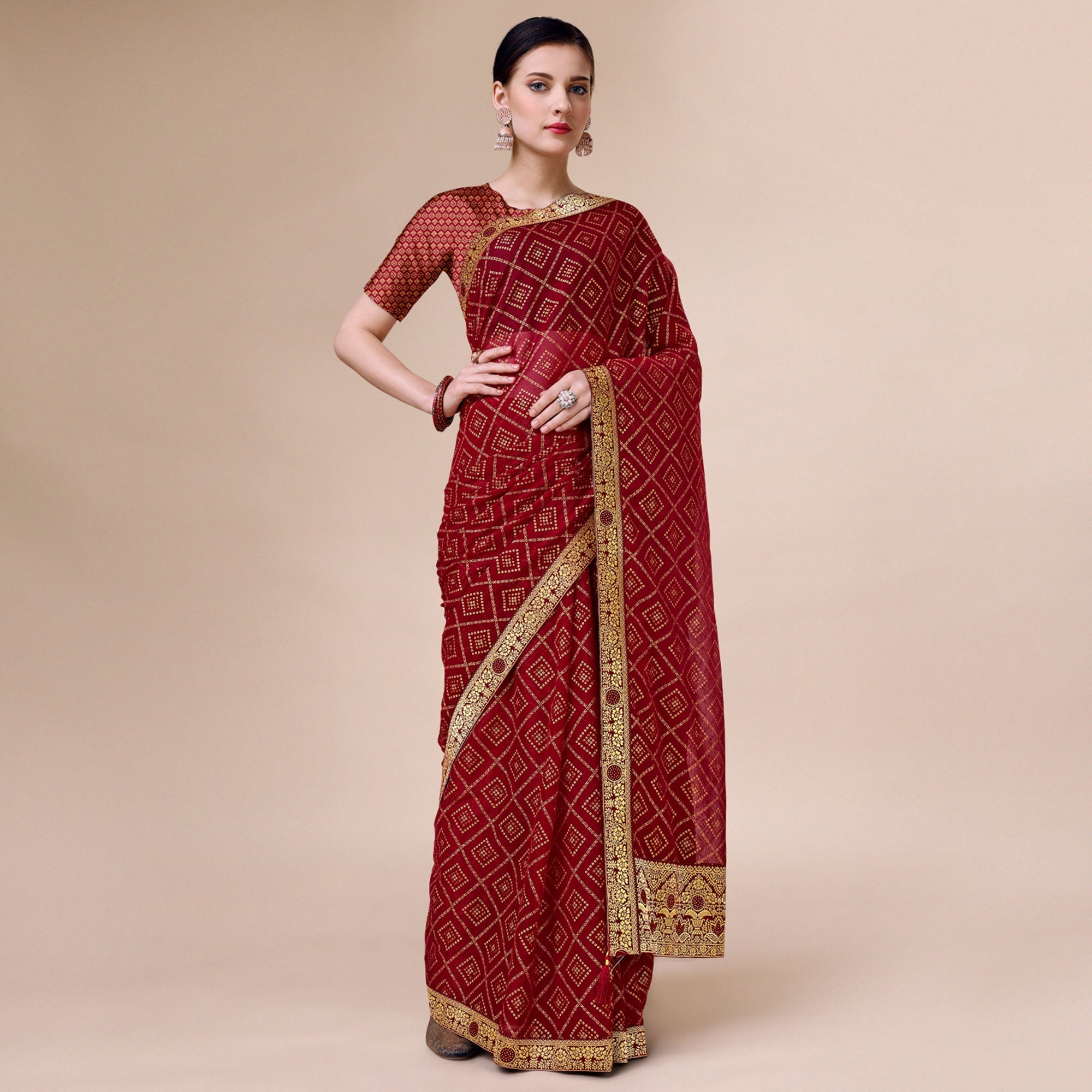 Peachmode Maroon Bandhani Foil Printed Chiffon Saree With Tassels - view 2