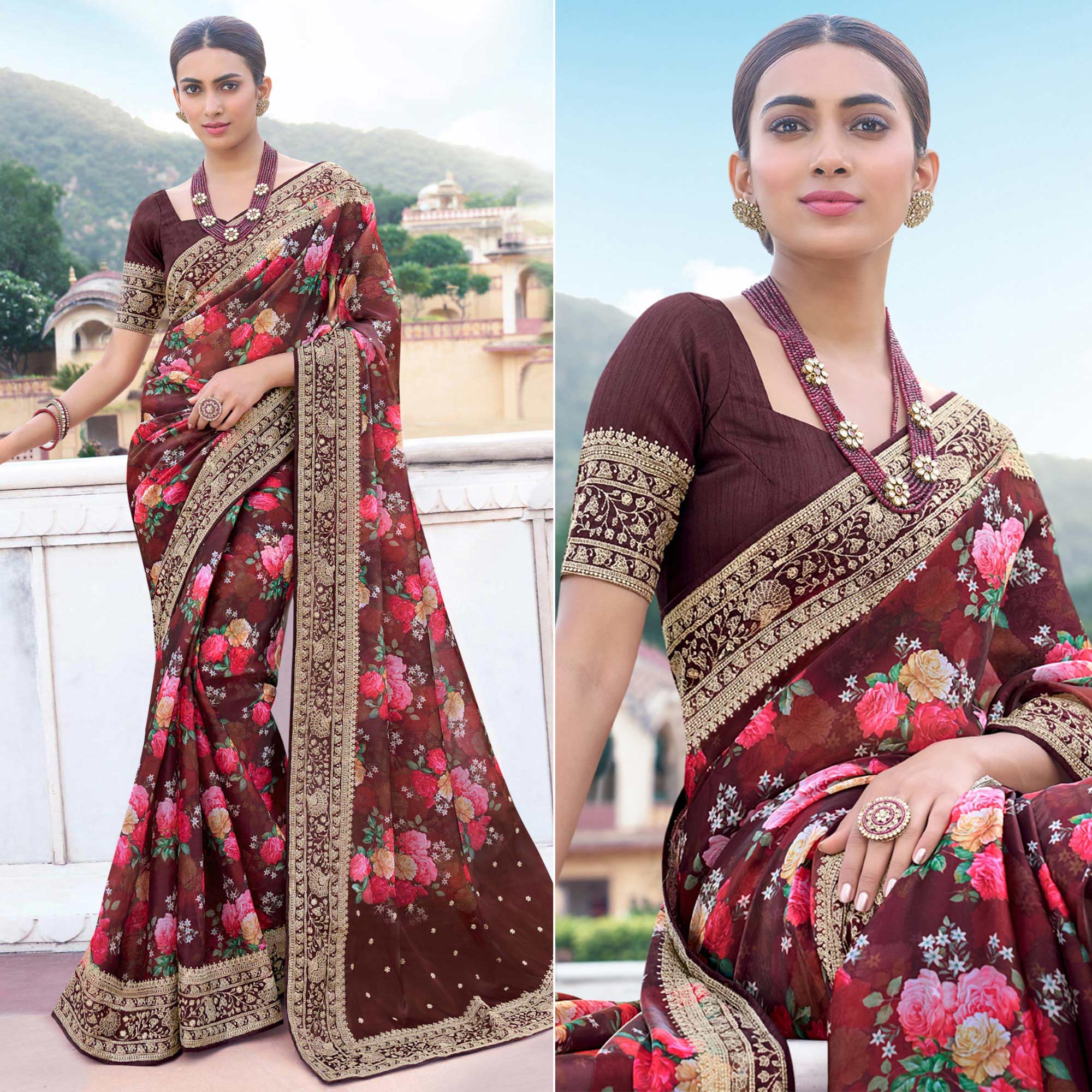 Peachmode Maroon Floral Printed With Embroidered Organza Saree