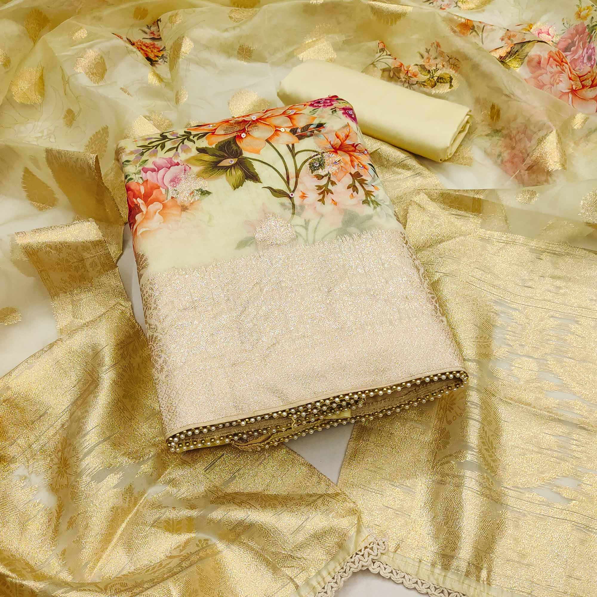 Peachmode Light Yellow Woven With Digital Printed Organza Dress Material