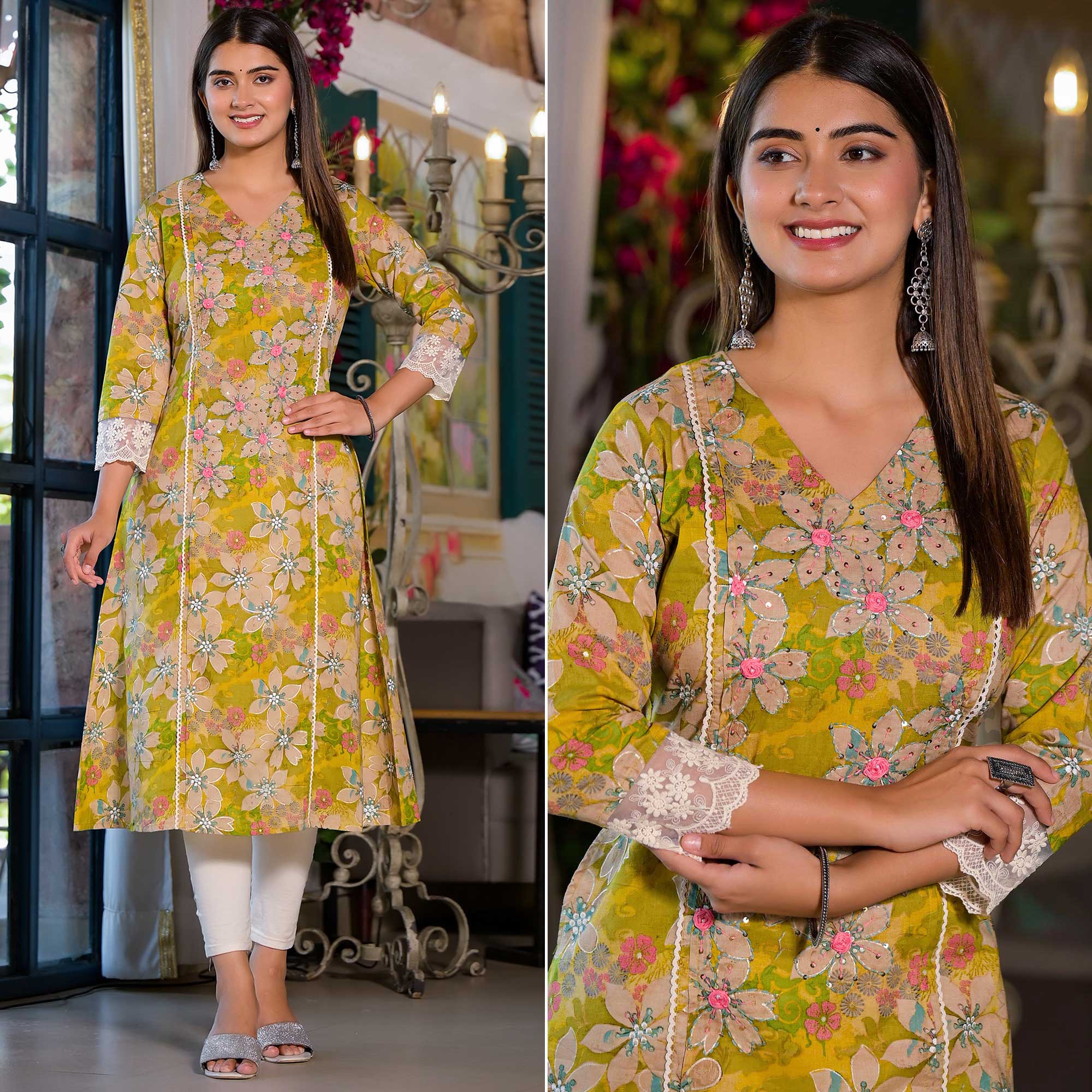 Peachmode Dark Lemon Green Floral Printed Giza Cotton Maxi Dress