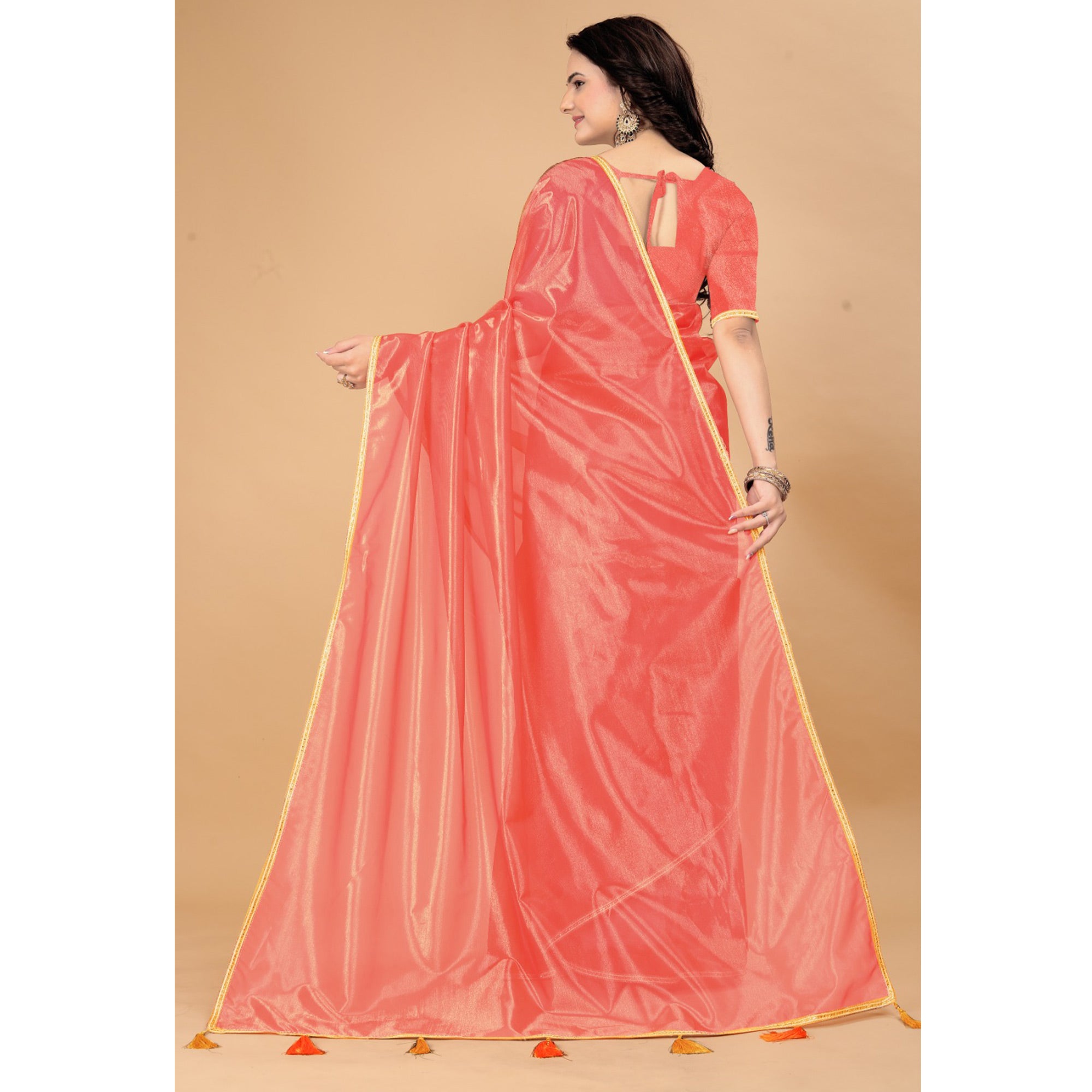 Peachmode Dark Peach Solid Nylon Saree With Lace Border - view 6
