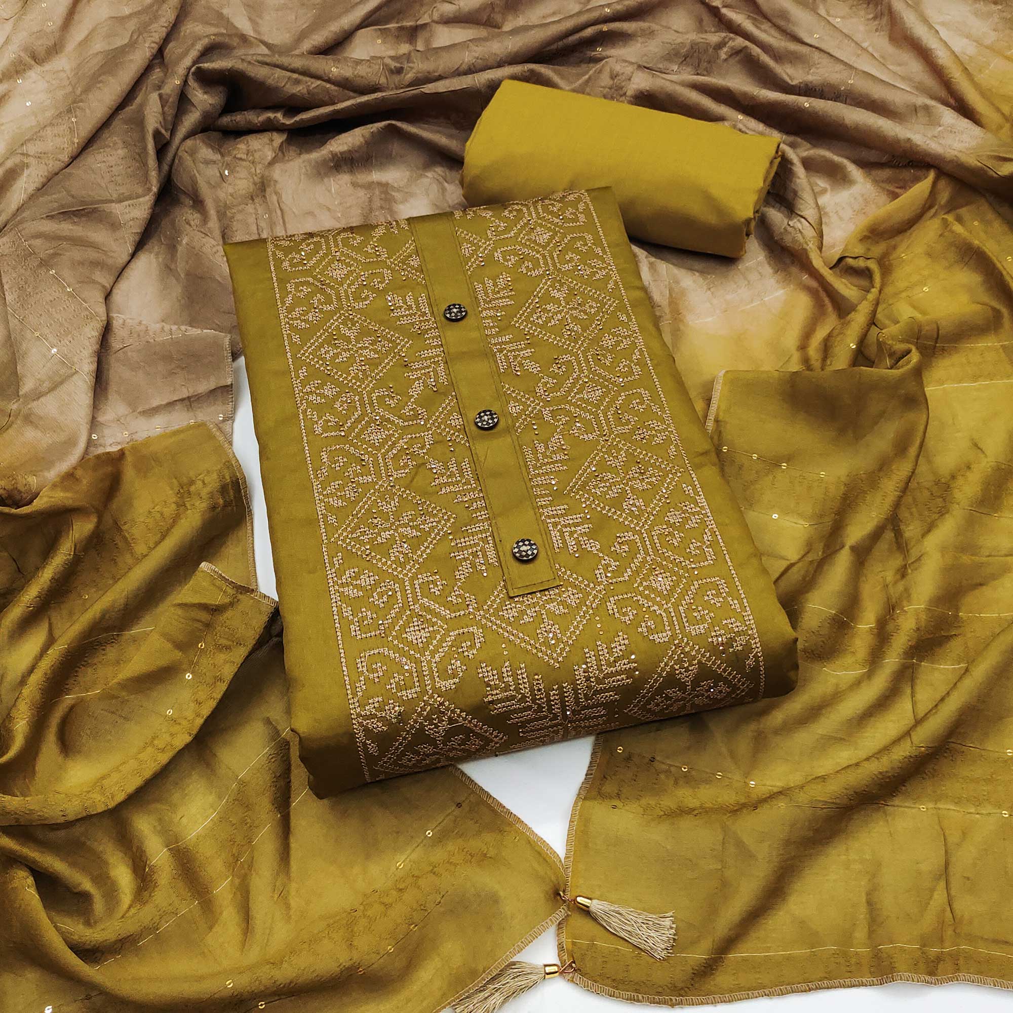 Peachmode Mehendi Green Floral Embroidery Cotton Silk Dress Material