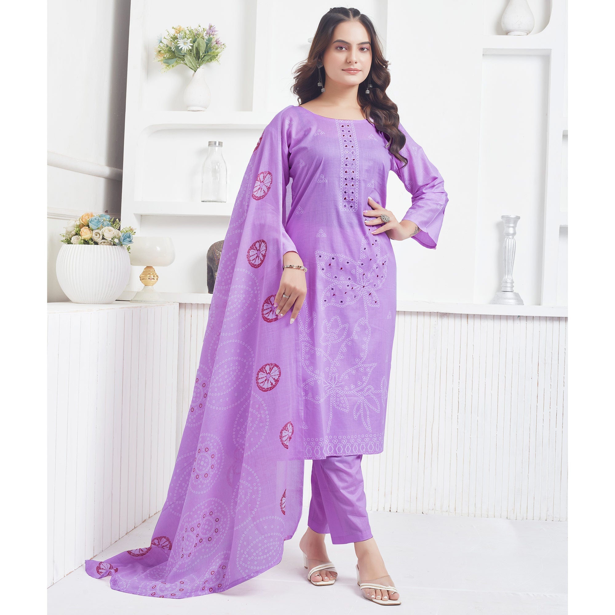 Peachmode Lavender Printed Pure Cotton Salwar Suit With Mirror Work - view 4