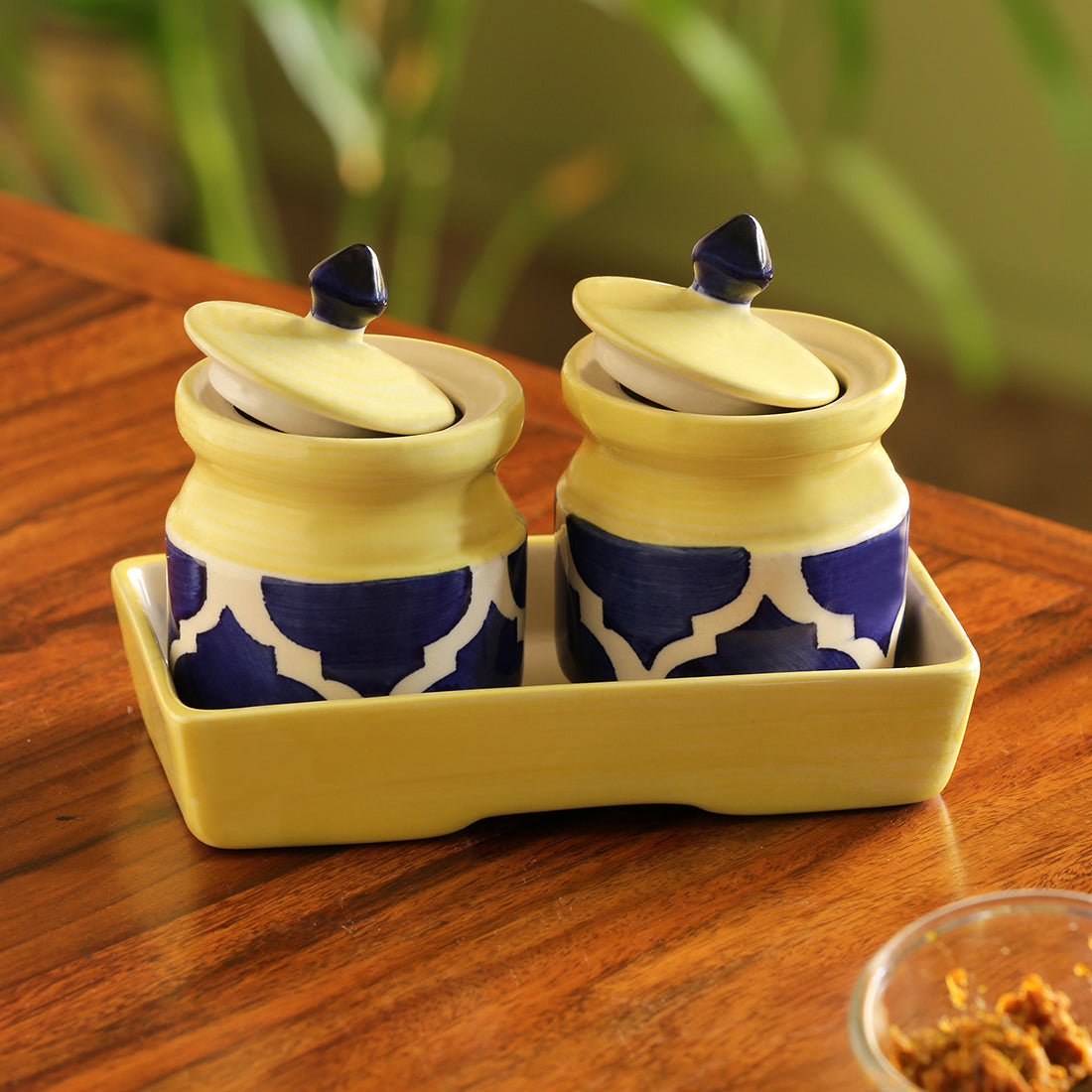 Chutney jars set – EXCLUSIVELANE 'Pickled-Coupled' Handpainted Ceramic Pickle & Chutney Jars (Set Of 2)