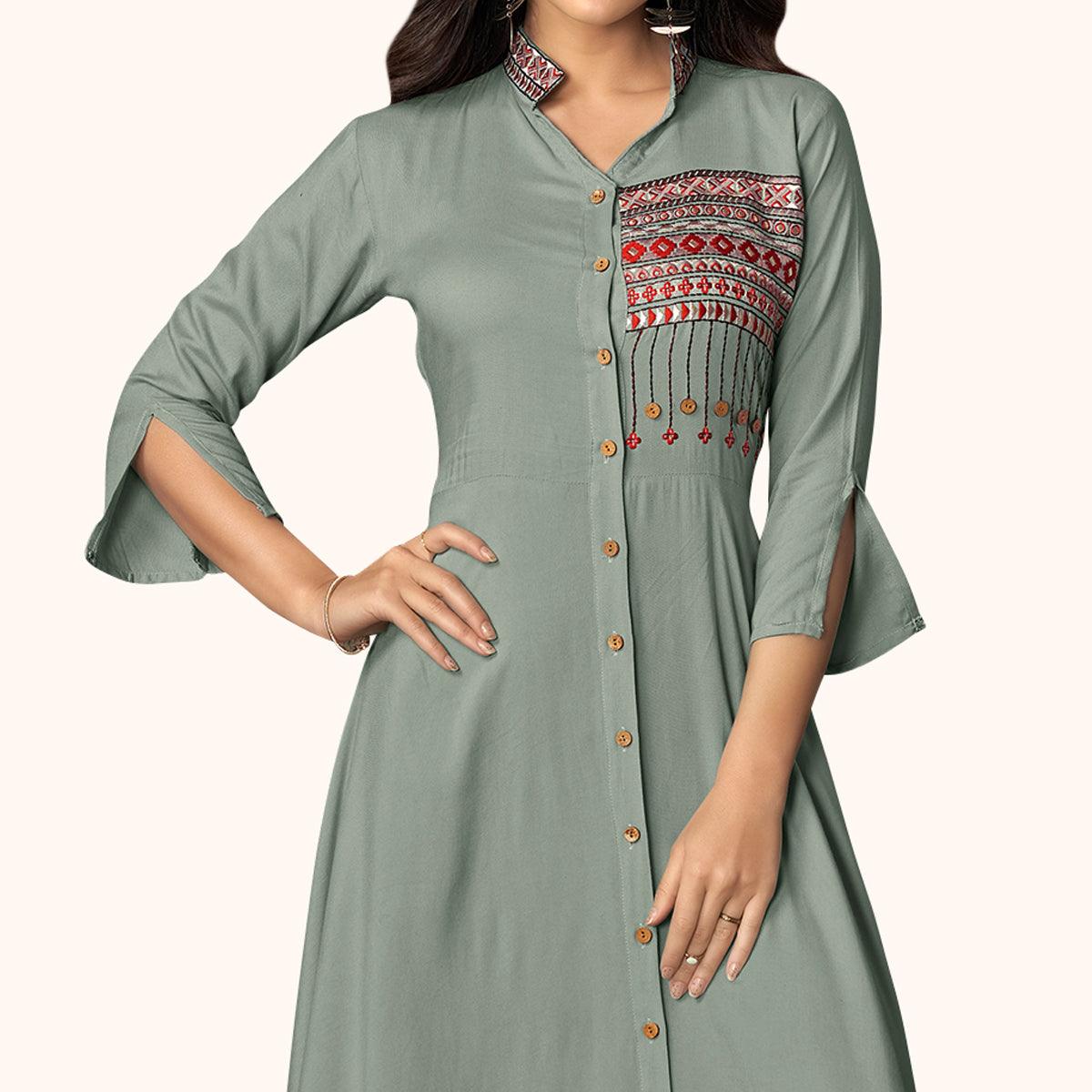 Peachmode Seller Delightful Gray Colored Partywear Embroidered Rayon Kurti - view 2
