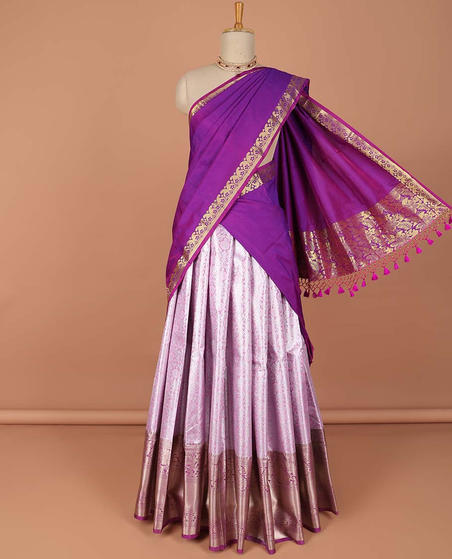 Pothys Lavender floral vine design art-silk half saree, contrast traditional zari border,zari design blouse & floral design dhavani