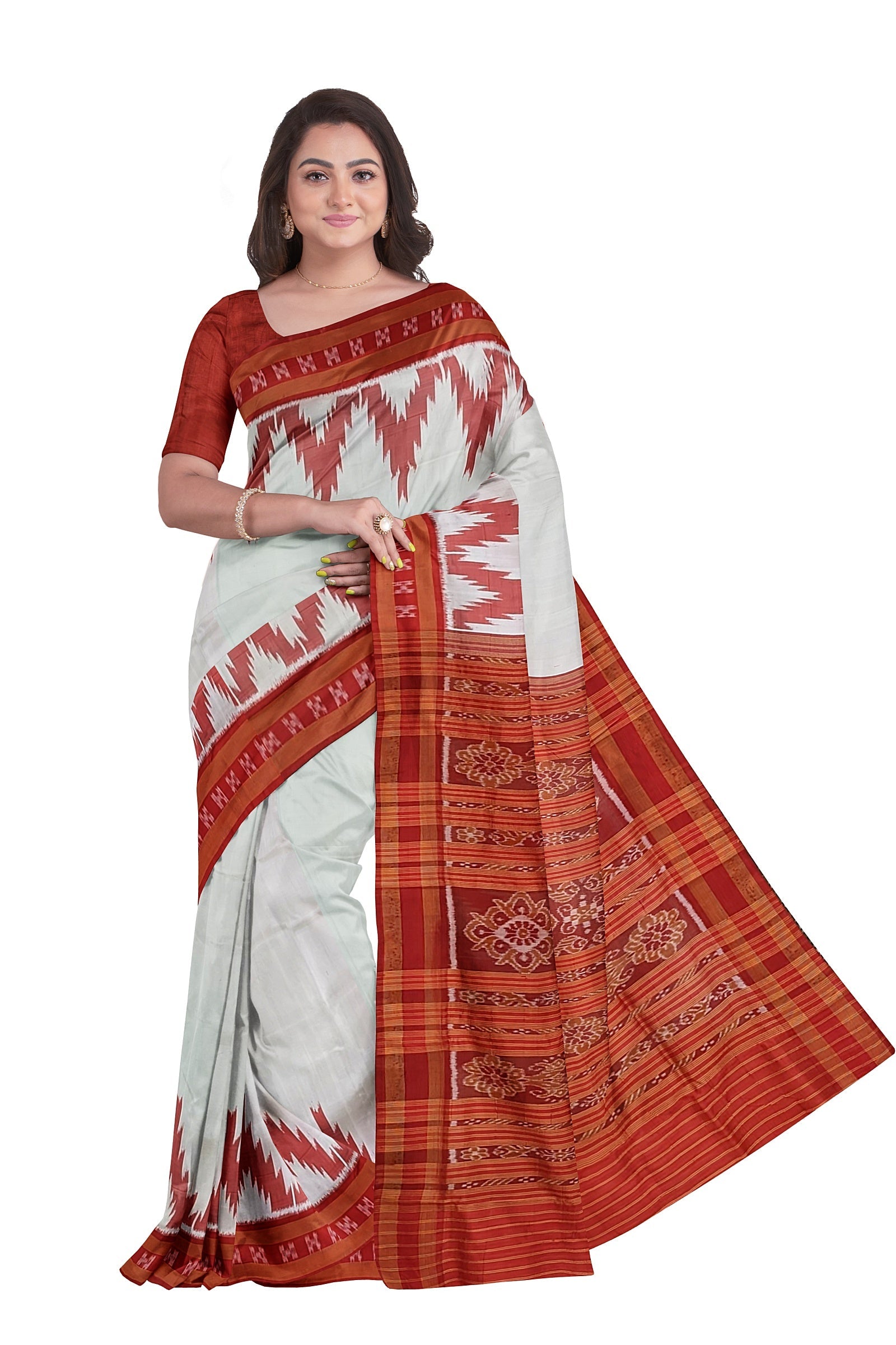 IndianVillèz Red White Odisha Ikat Kargil Kumbha Khandua Silk Saree