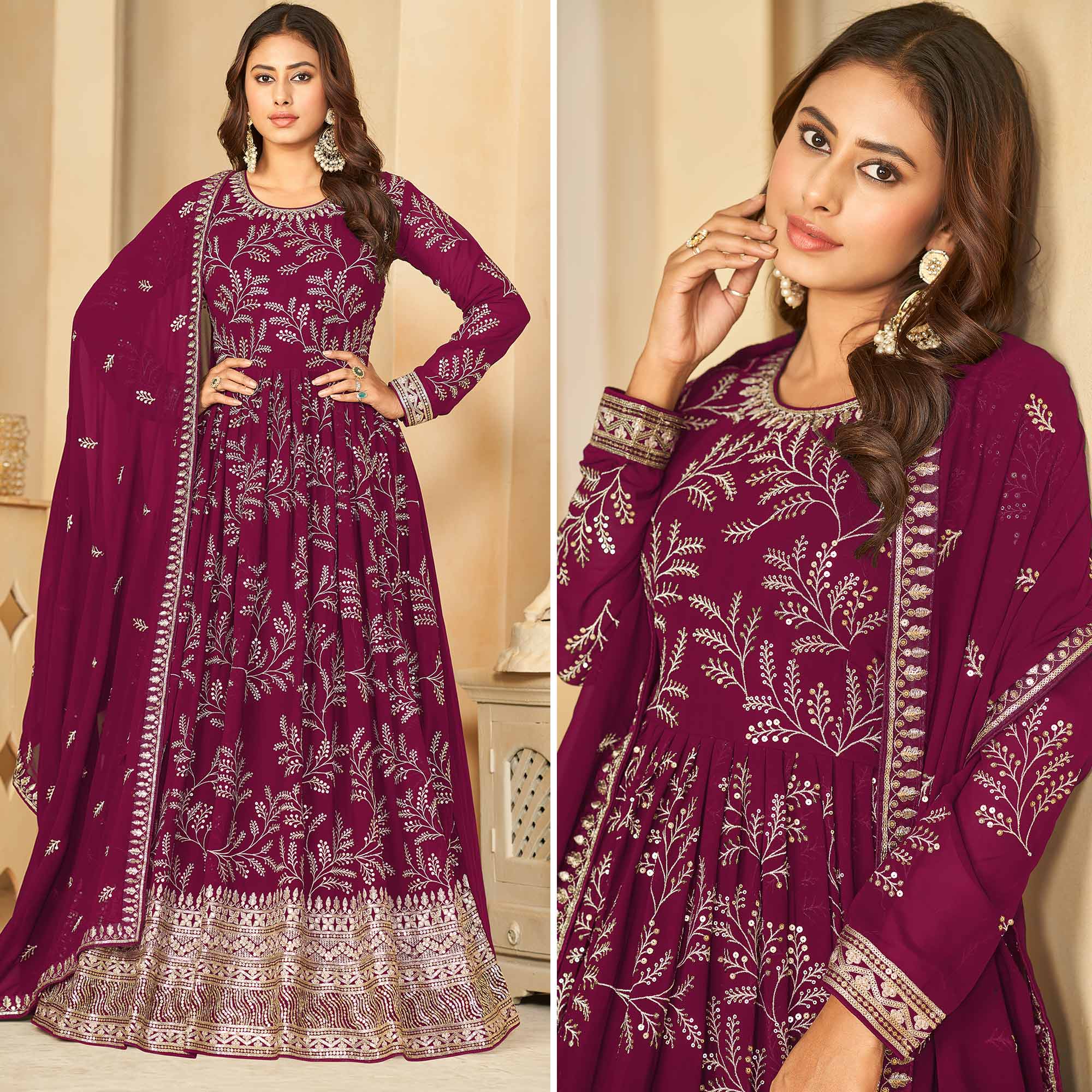 Peachmode Dark Rani Pink Sequins Embroidered Georgette Anarkali Style Semi Stitched Gown