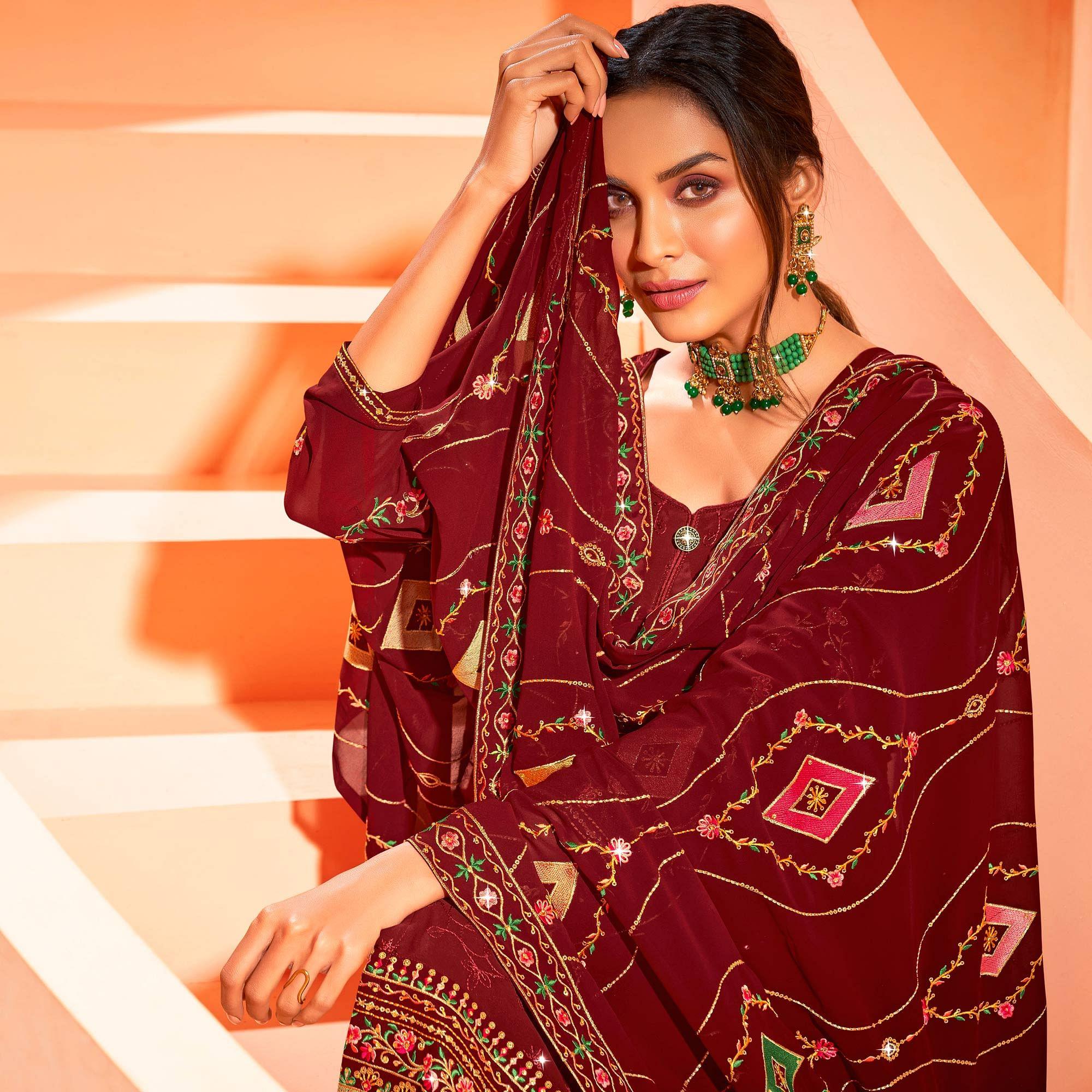 Peachmode Maroon Partywear Embellished With Embroidered Georgette Palazzo Suit - view 4