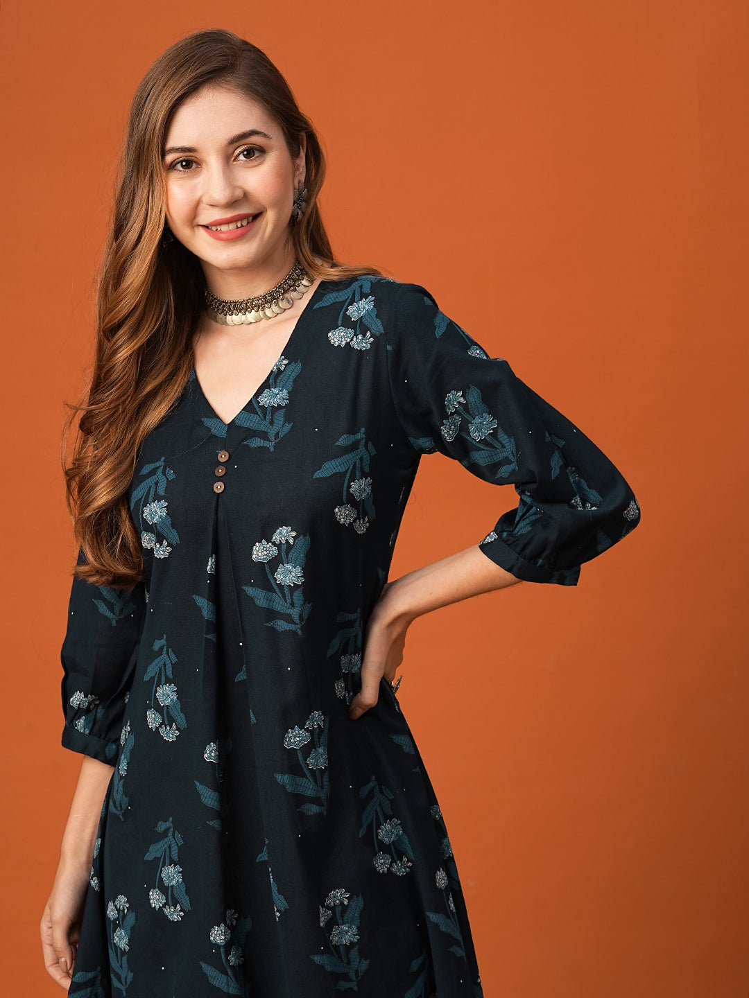 Fashor Floral Printed Wooden Buttoned Pleated Kurta - Blue - view 3