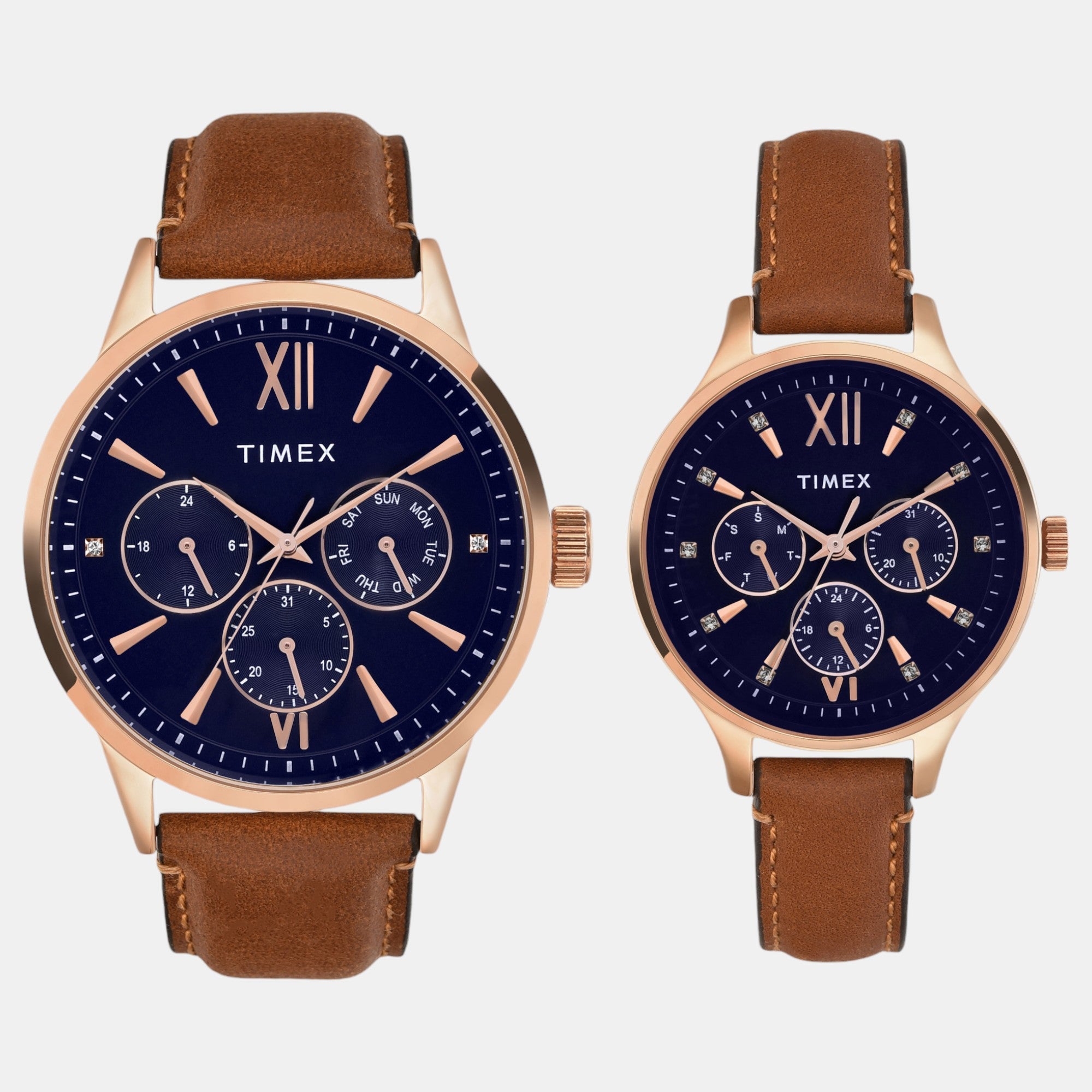 Timex Fashion Couple Quartz Blue Dial Multi-Function Leather Watch TW00PR302