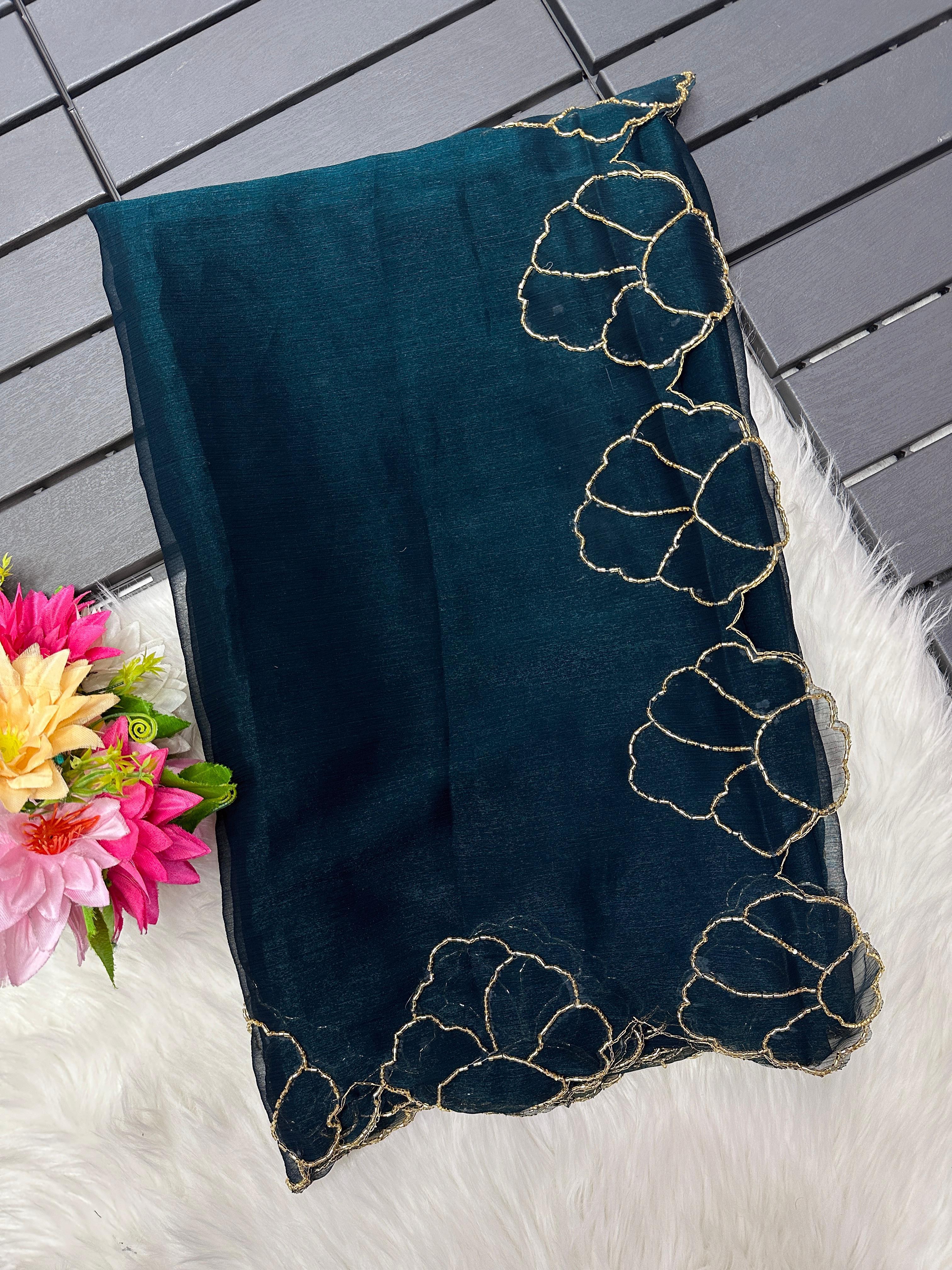 ClothsVilla Teal Blue Lotus Jari Silk Saree with Exquisite Golden Handwork & Running Blouse