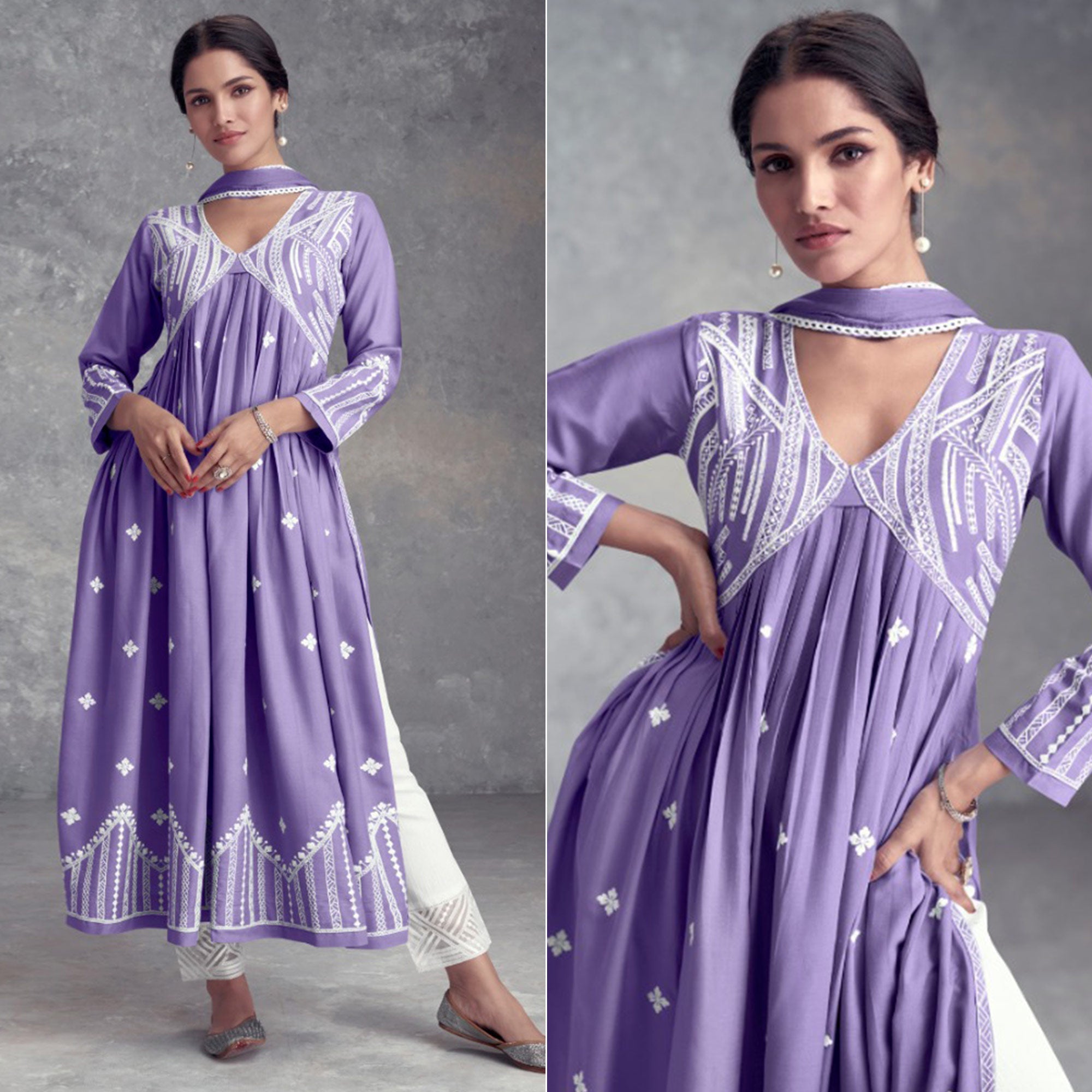 Peachmode Light Purple Lucknowi Embroidered Rayon Naira Cut Suit