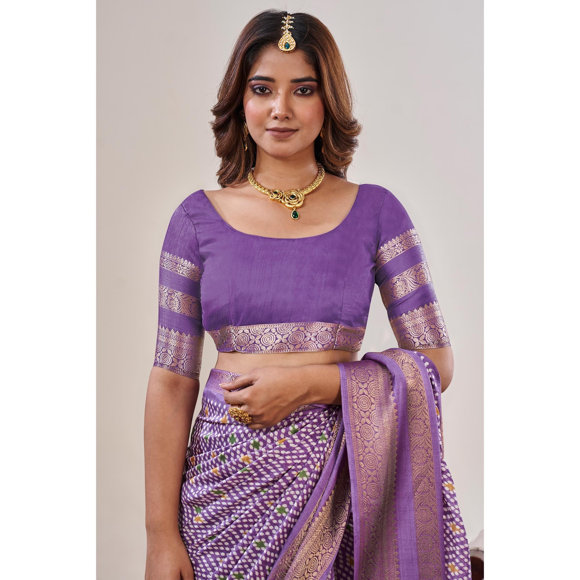 Peachmode Lavender Ikkat Printed With Jacquard Border Cotton Silk Saree - view 7