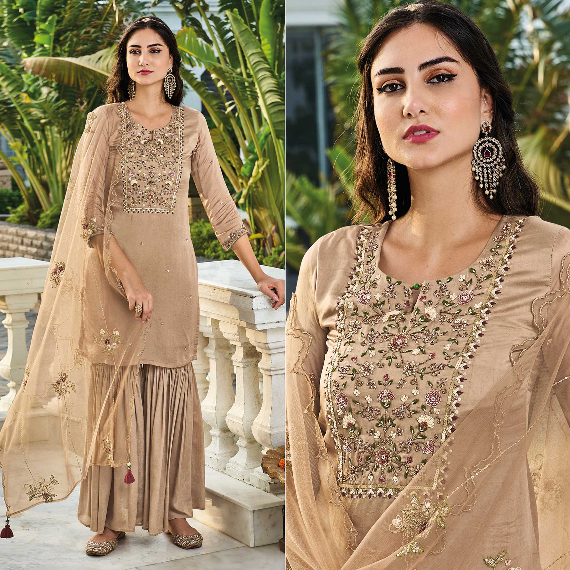 Peachmode Seller Chikoo Embroidered Chinon Sharara Suit