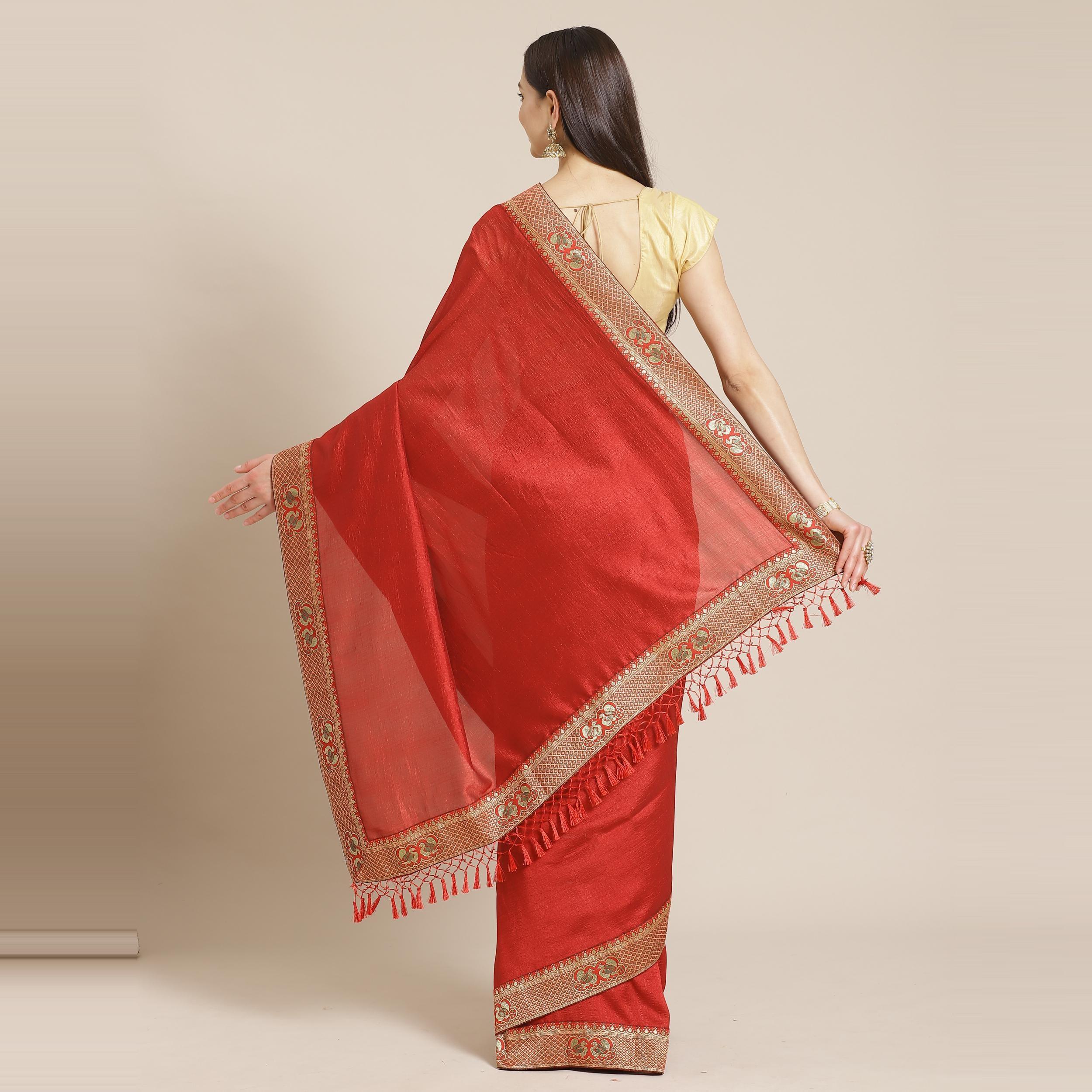 Peachmode Hypnotic Red Colored Festive Woven Silk Blend Saree - view 4