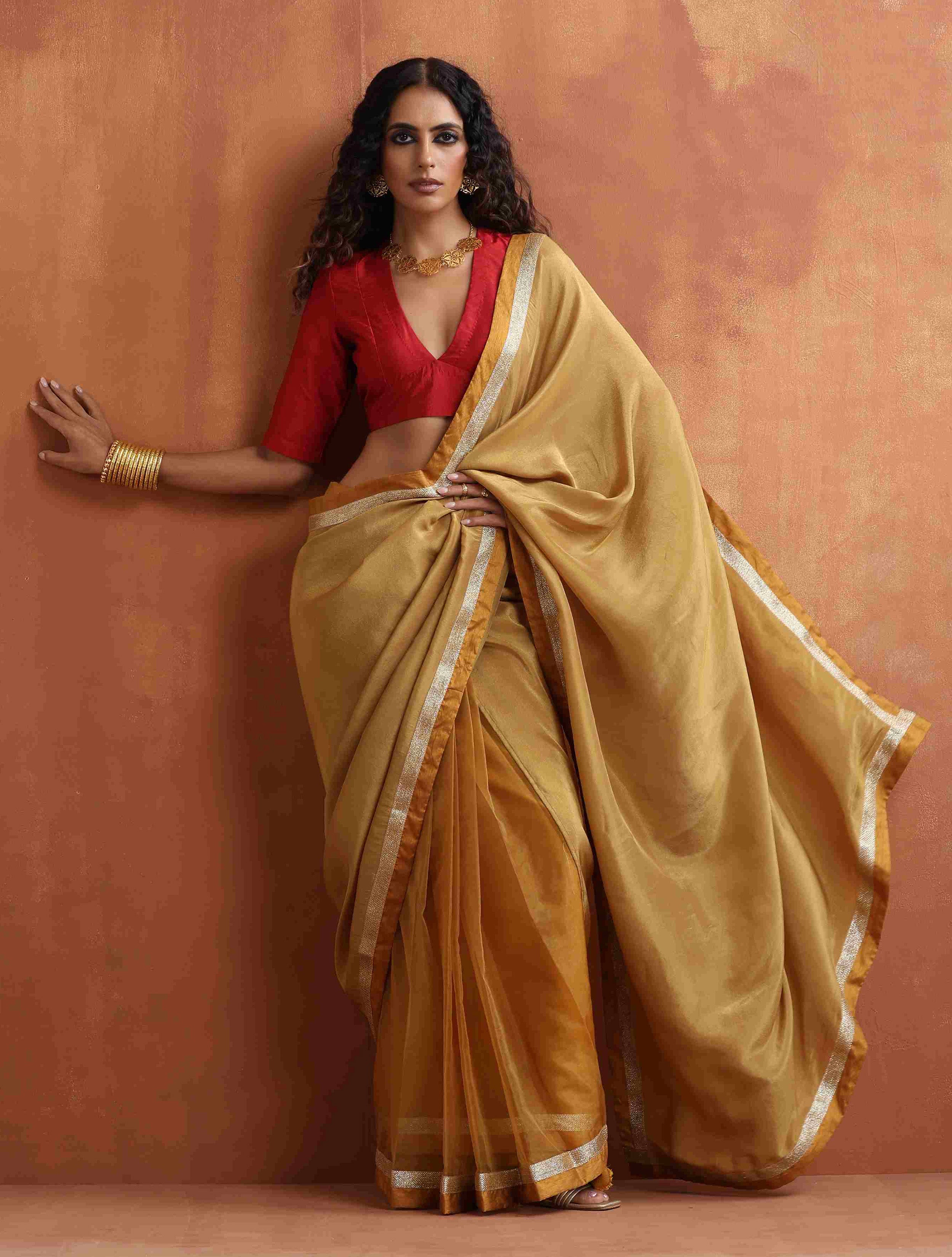 trueBrowns Gold Tissue Ready To Wear Saree – Women's