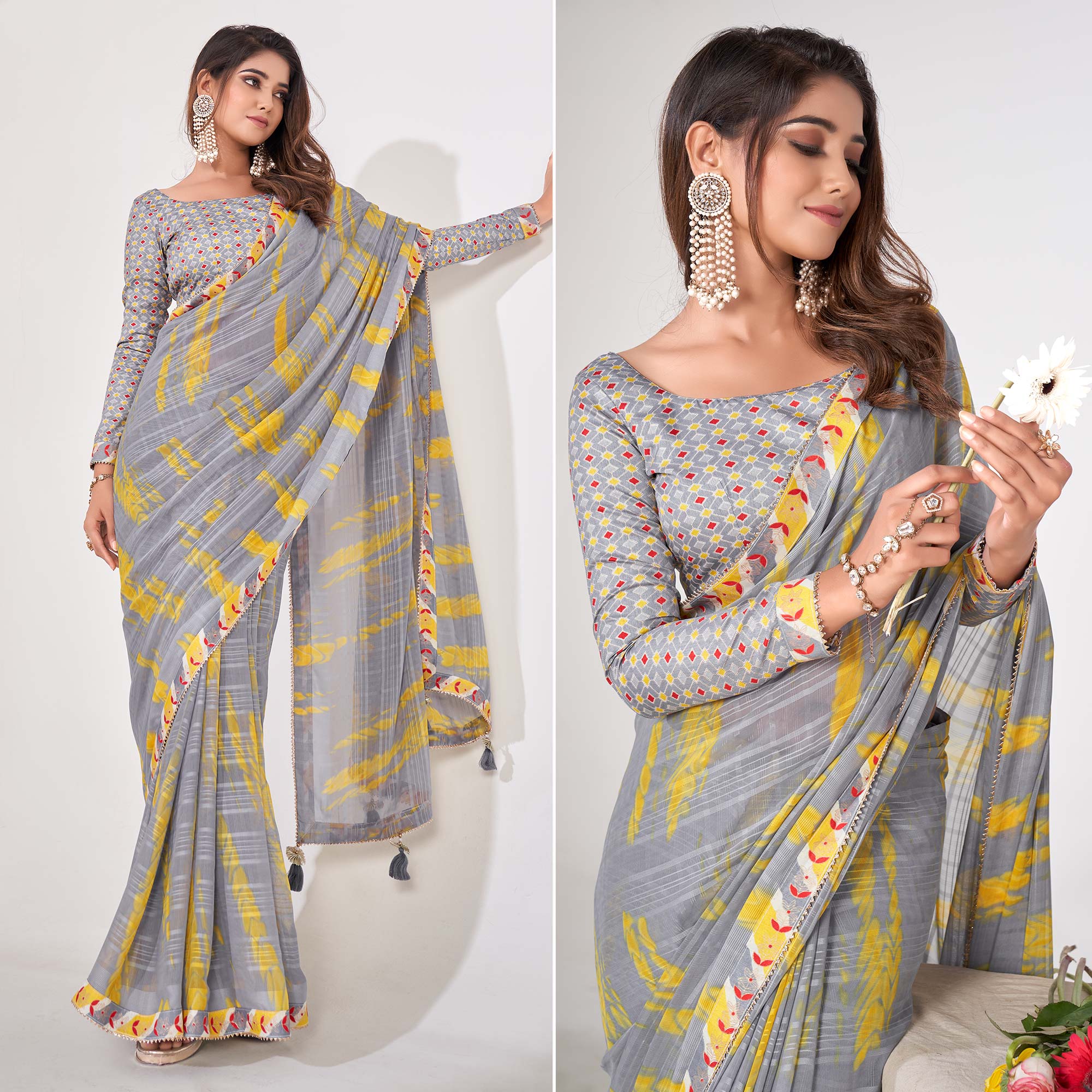 Peachmode Grey Printed Georgette Saree With Lace Work