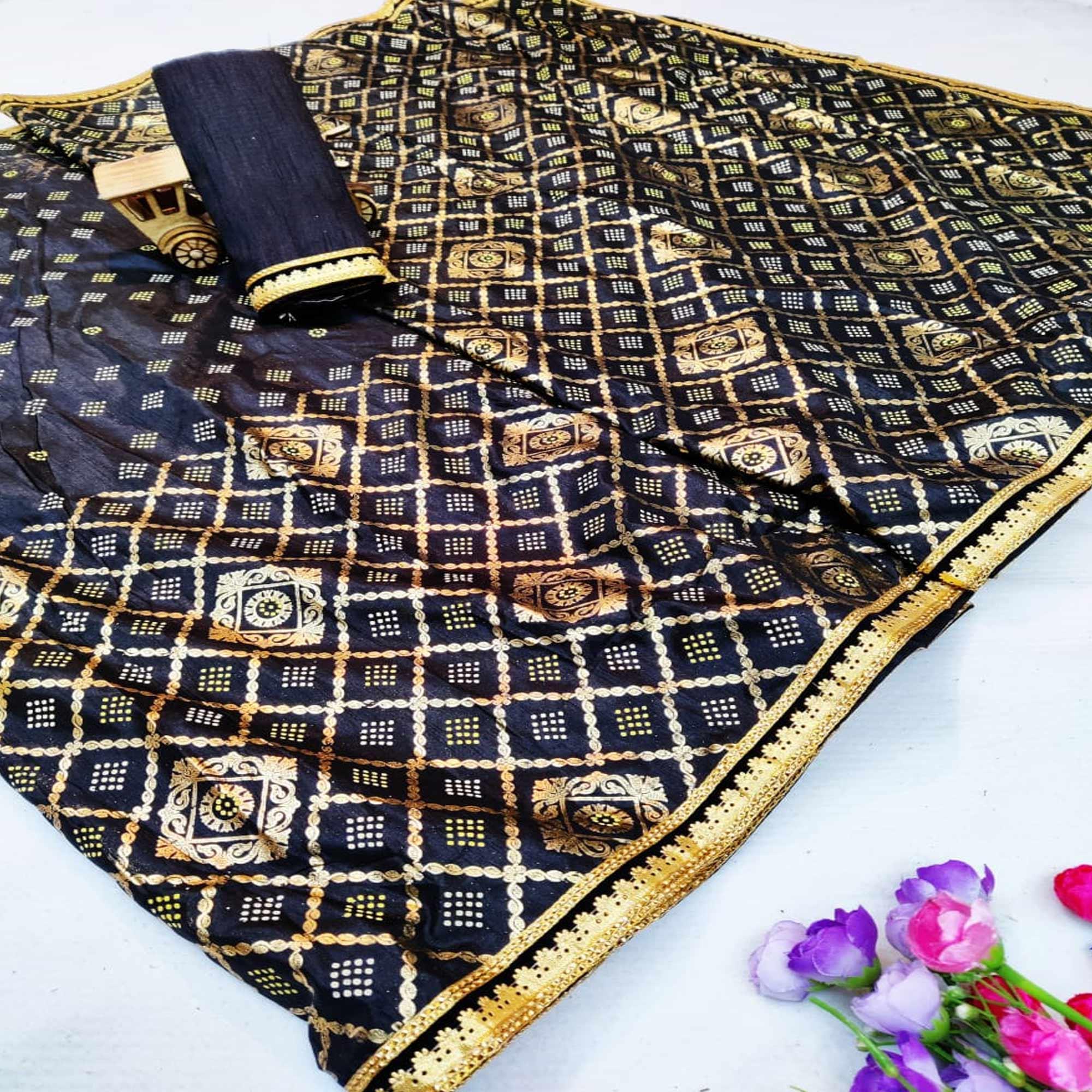 Peachmode Intricate Black Colored Festive Wear Foil Printed Dola Silk Saree