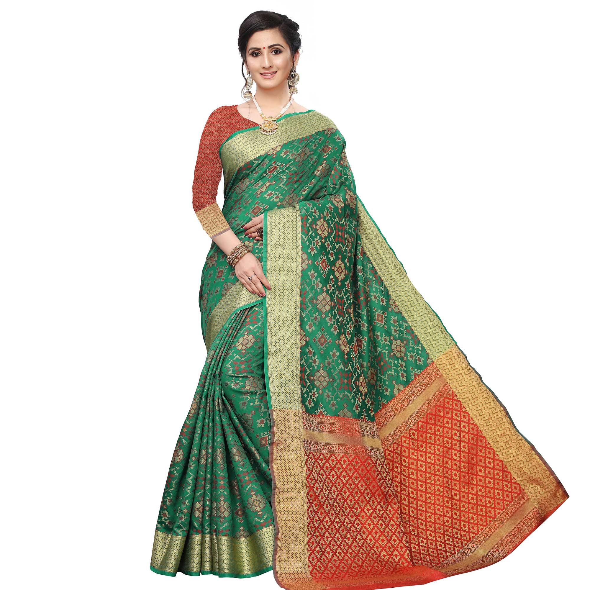 Peachmode Delightful Green Colored Festive Wear Woven Kanjivaram Silk Saree